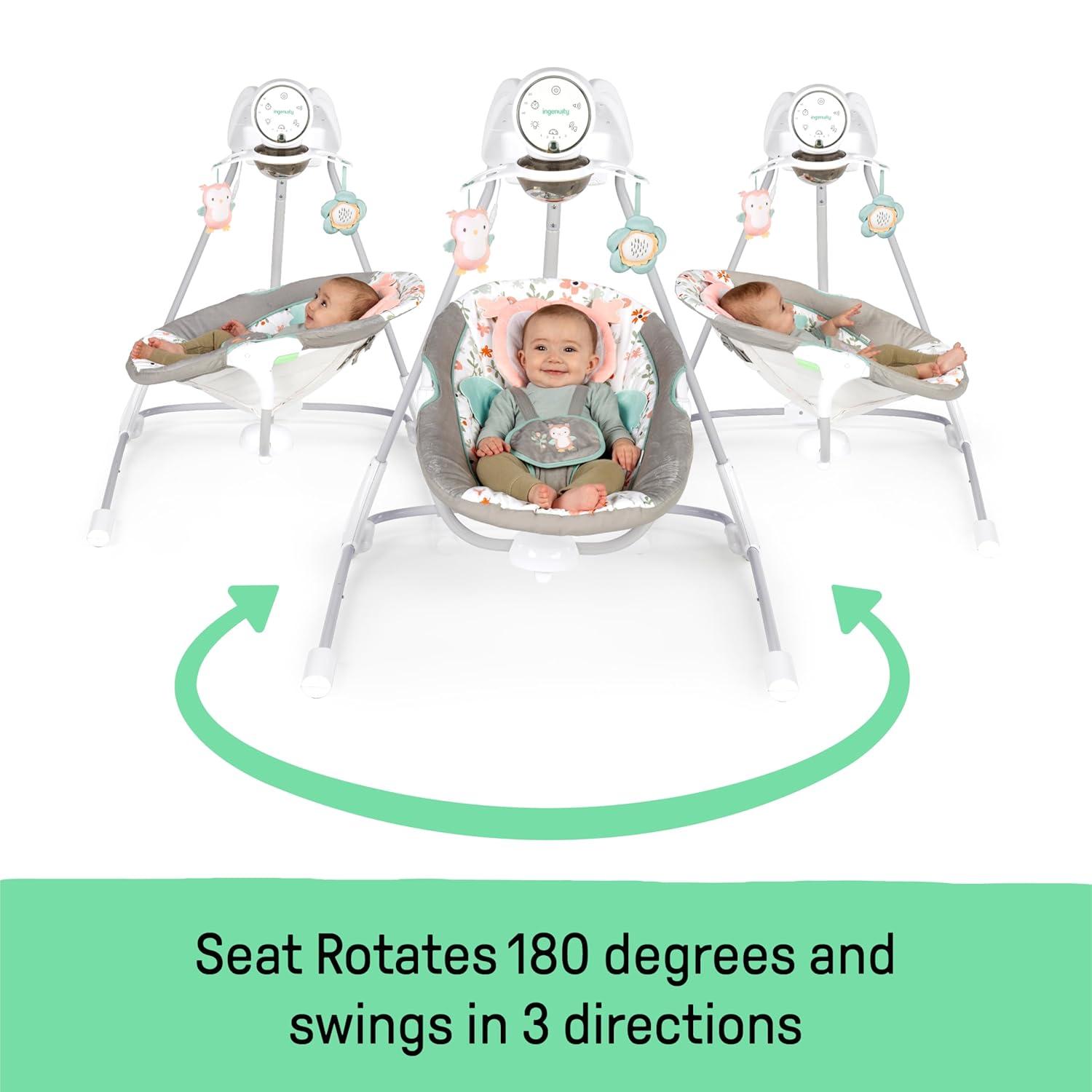 imageIngenuity InLighten Soothing Swing Swivel Infant Seat Soothing Sounds Lightweight Mesh DakotaNally Owl
