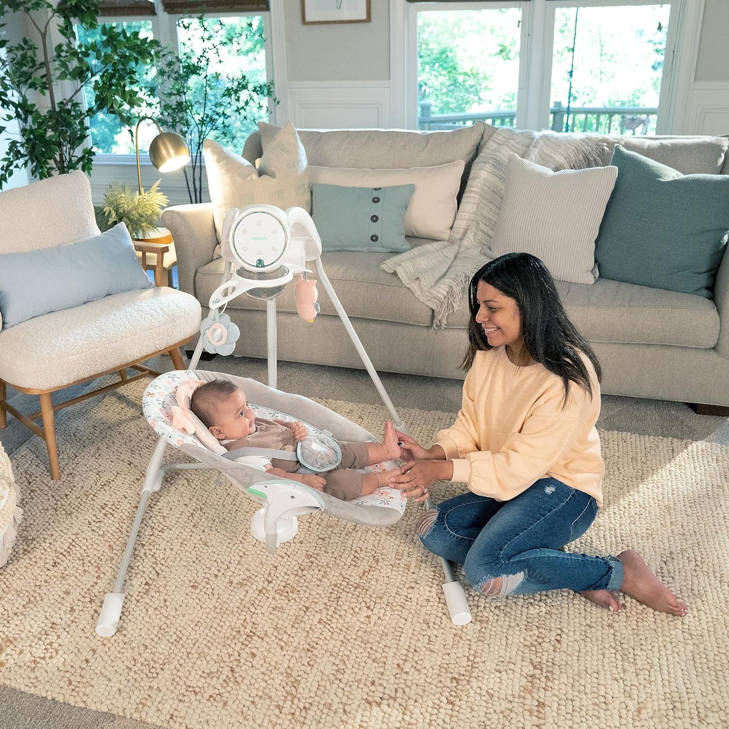 imageIngenuity InLighten Soothing Swing Swivel Infant Seat Soothing Sounds Lightweight Mesh DakotaNally Owl