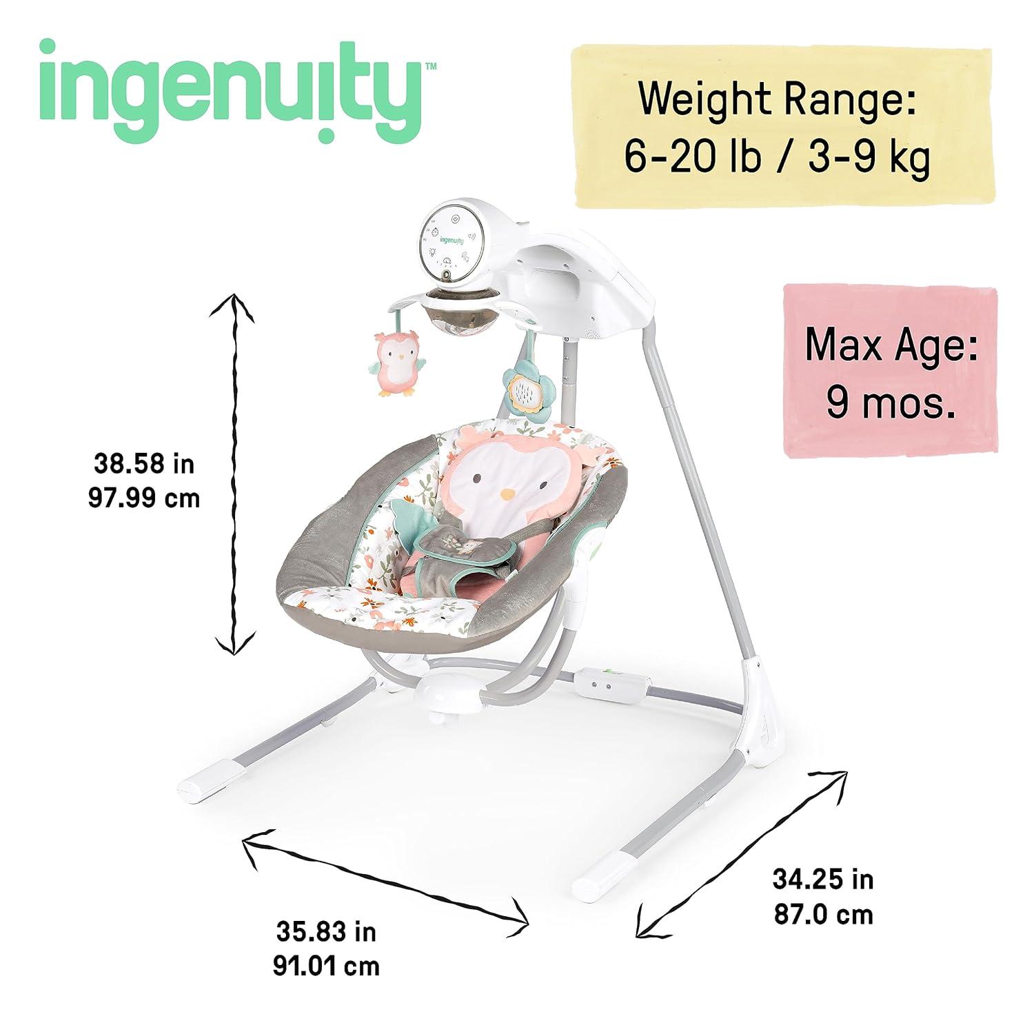 imageIngenuity InLighten Soothing Swing Swivel Infant Seat Soothing Sounds Lightweight Mesh DakotaNally Owl
