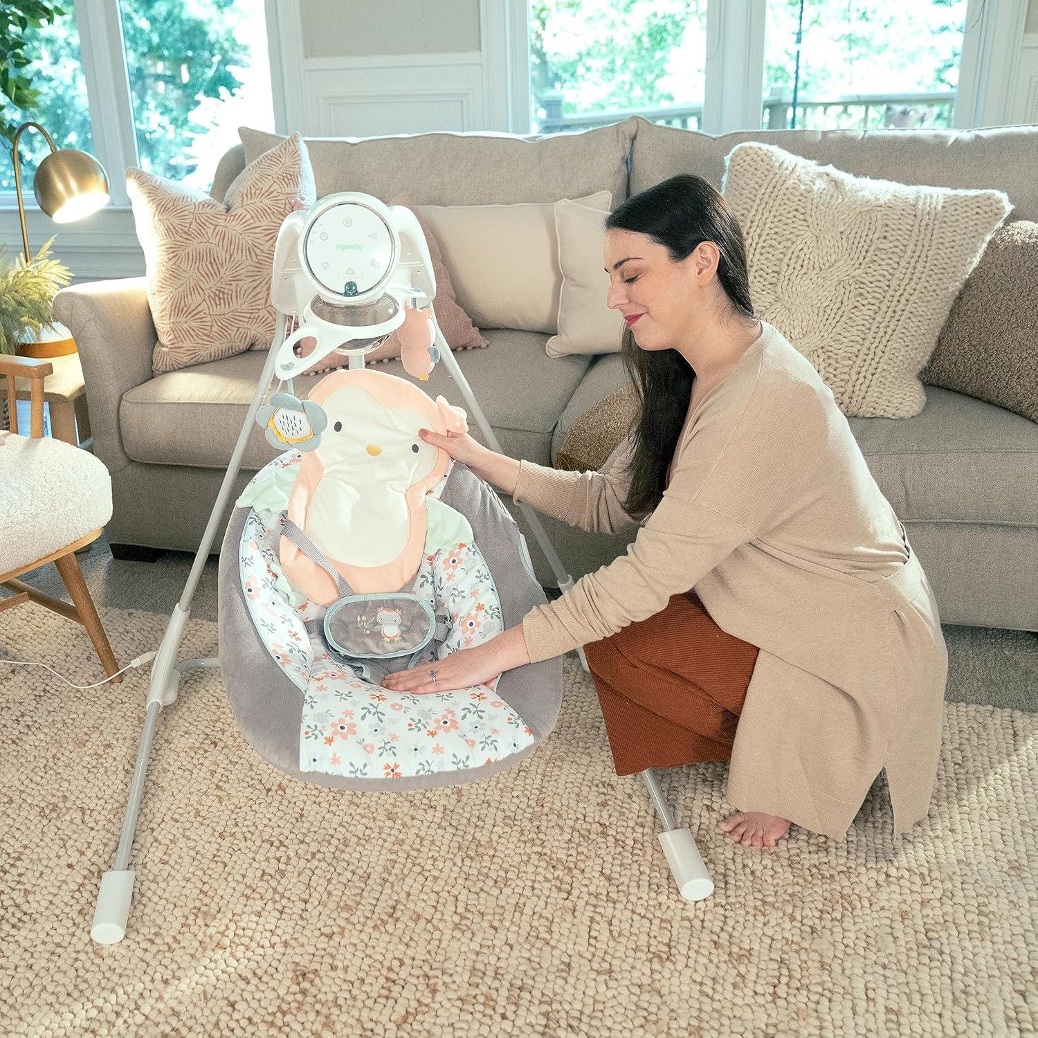 imageIngenuity InLighten Soothing Swing Swivel Infant Seat Soothing Sounds Lightweight Mesh DakotaNally Owl