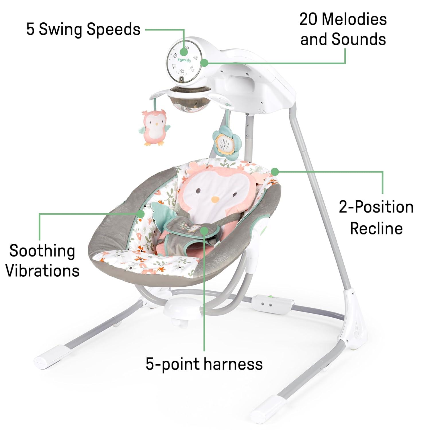 imageIngenuity InLighten Soothing Swing Swivel Infant Seat Soothing Sounds Lightweight Mesh DakotaNally Owl