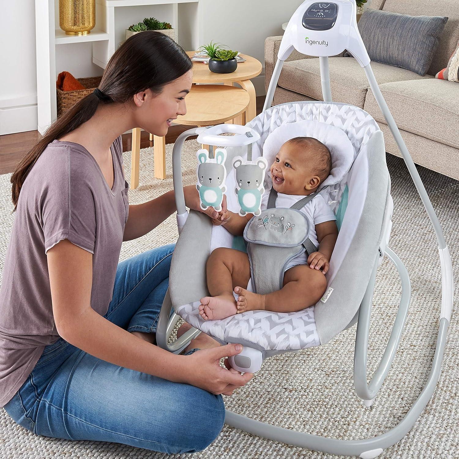 imageIngenuity SimpleComfort Lightweight Compact 6Speed MultiDirection Baby Swing Vibrations ampamp Nature Sounds 09 Months 620 lbs Pink CassidyRaylan