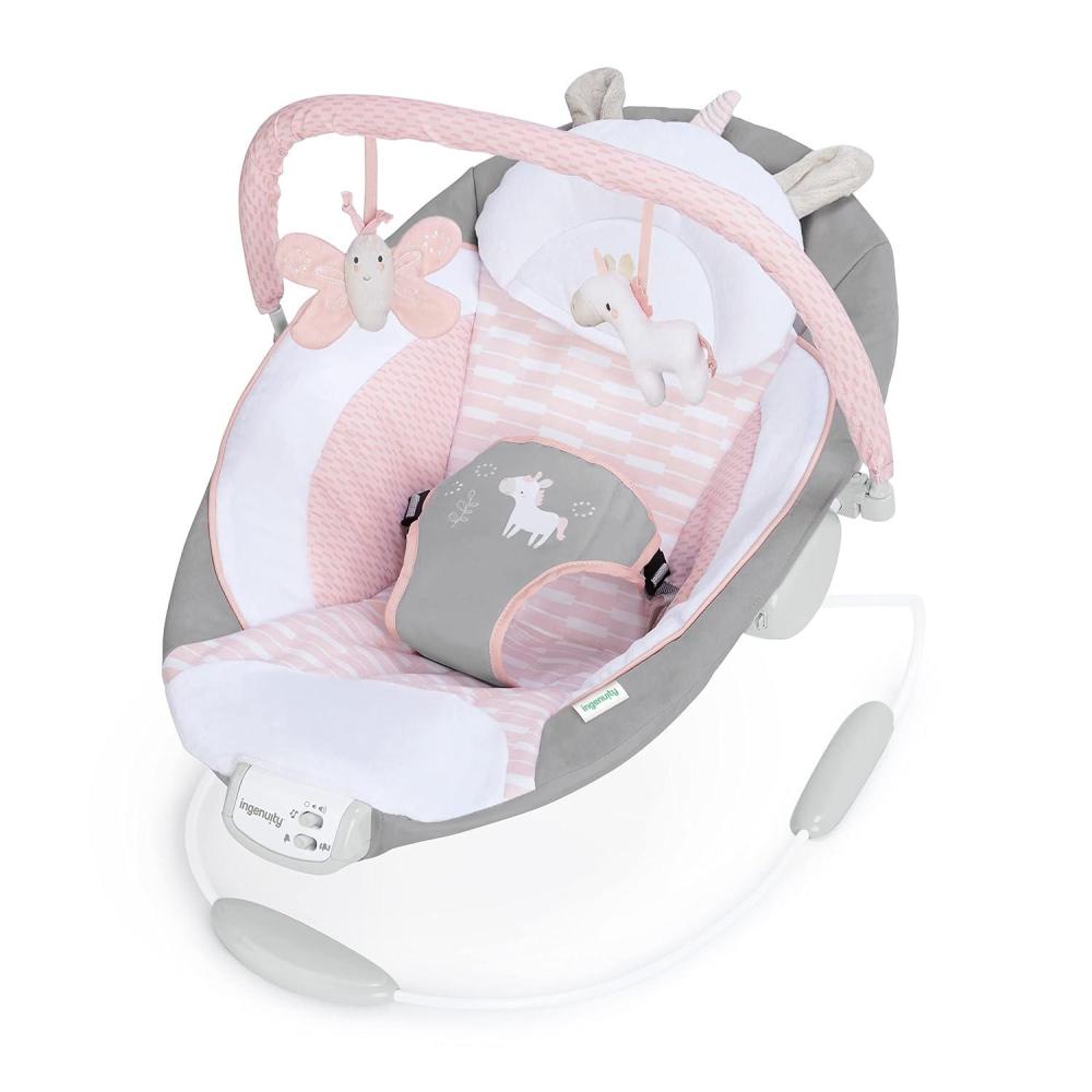 imageIngenuity Cozy Spot Soothing Baby Bouncer with WoodenToy Arch Natural RubberToy Safety Harness Music ampamp AutoShutoff 06 Months GreyFlora the Unicorn