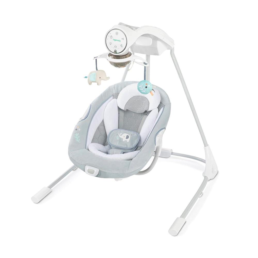 imageIngenuity InLighten 5Speed Baby Swing  Swivel Infant Seat 5 Point Safety Harness Nature Sounds Lights  Van ElephantDakota