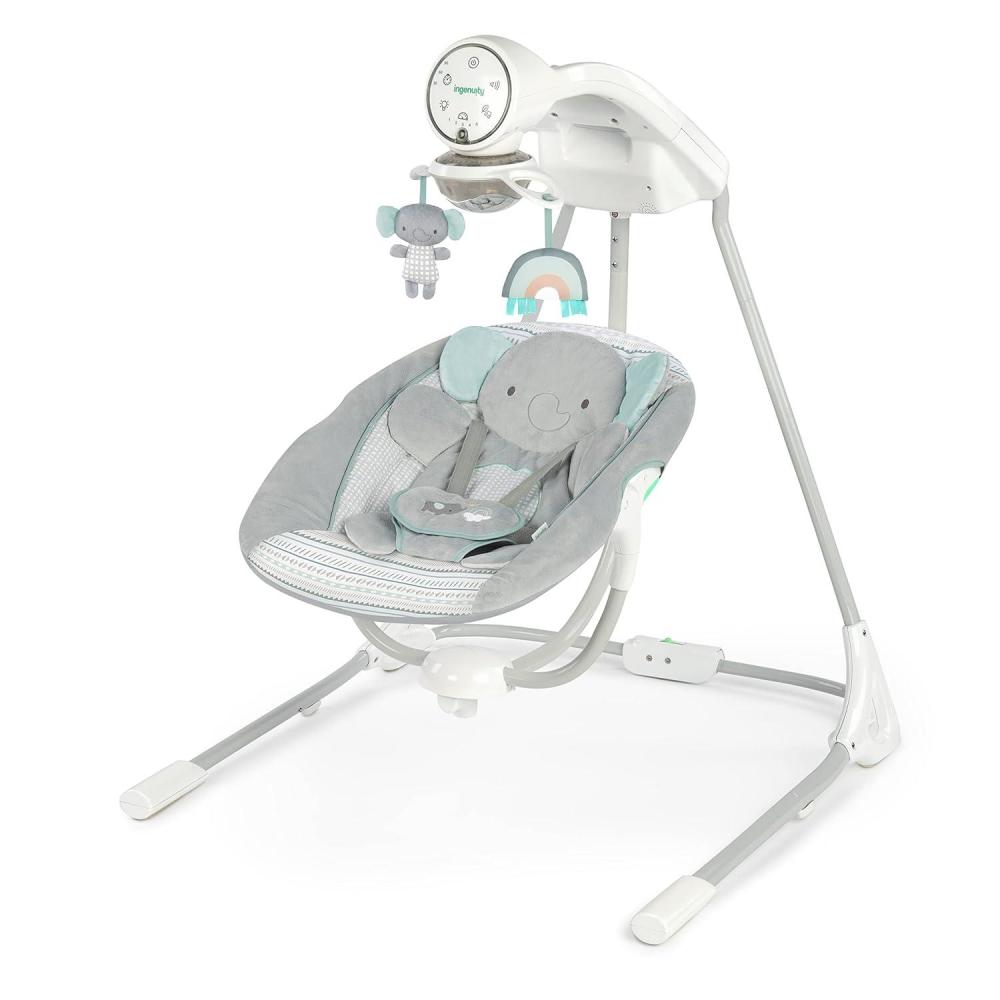 imageIngenuity InLighten 5Speed Baby Swing  Swivel Infant Seat 5 Point Safety Harness Nature Sounds Lights  Van ElephantVan The Elephant
