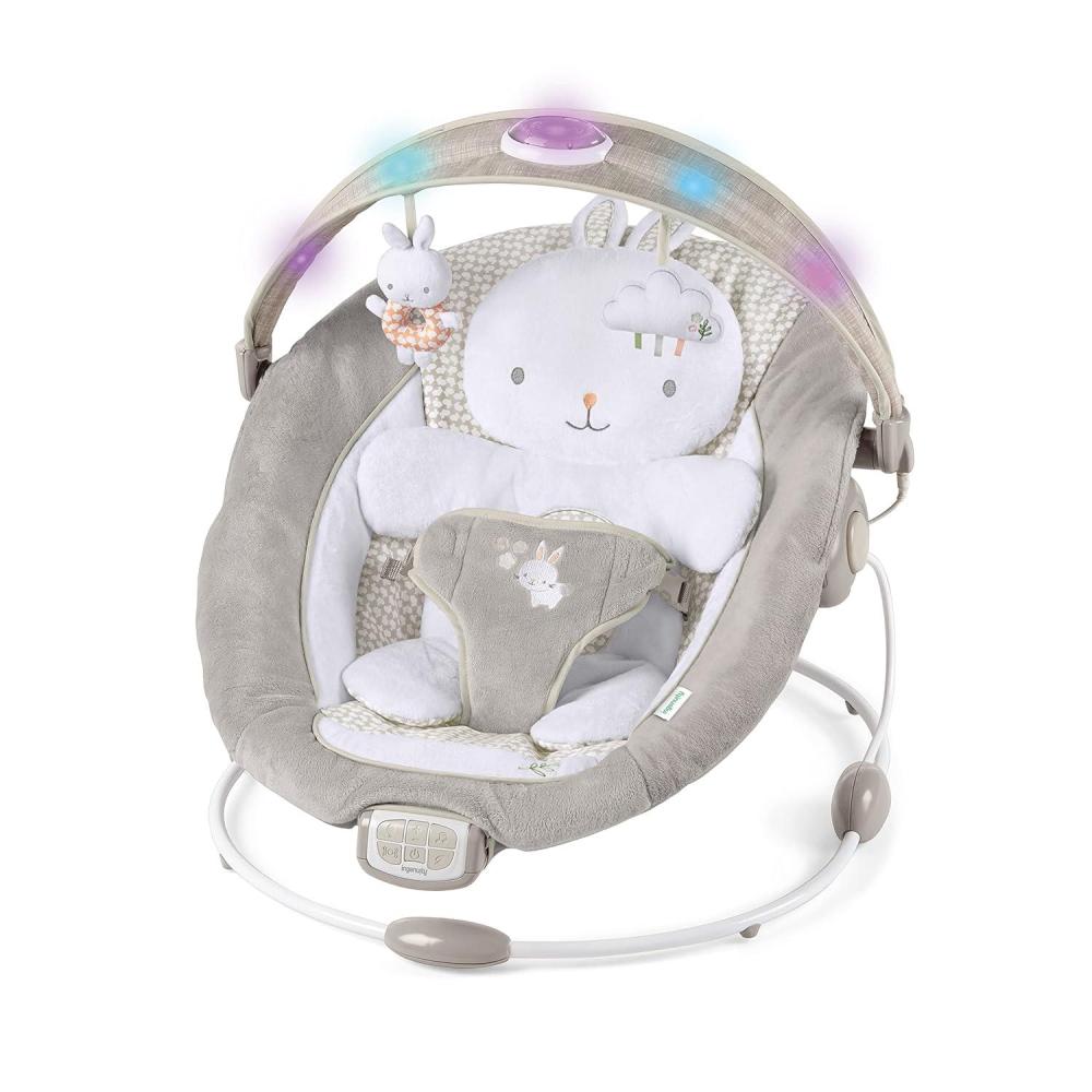 imageIngenuity InLighten Baby Bouncer Infant Seat with Light Up Toy Bar Vibrations Tummy Time Pillow ampamp Sounds 06 Months Up to 20 lbs Twinkle Tails BunnyTwinkle Tails