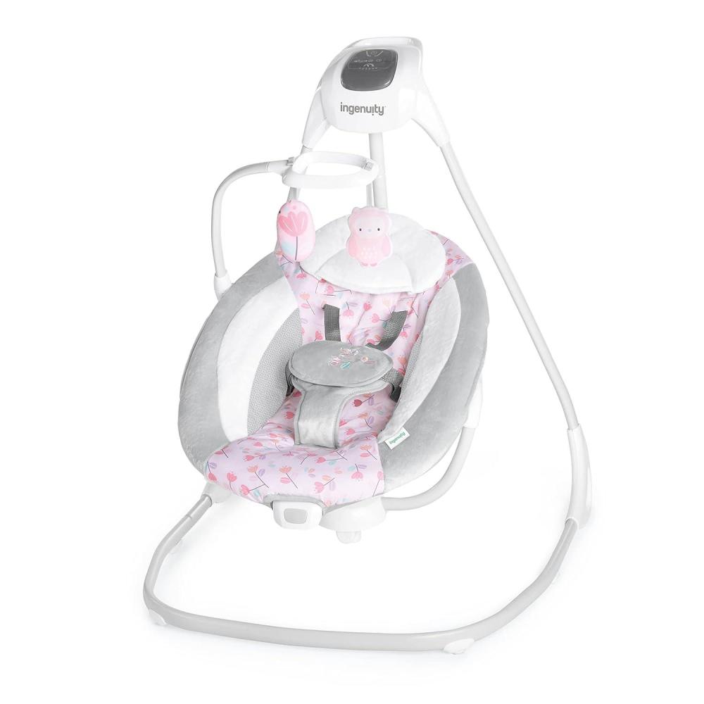 imageIngenuity SimpleComfort Lightweight Compact 6Speed MultiDirection Baby Swing Vibrations ampamp Nature Sounds 09 Months 620 lbs Pink CassidyCassidy