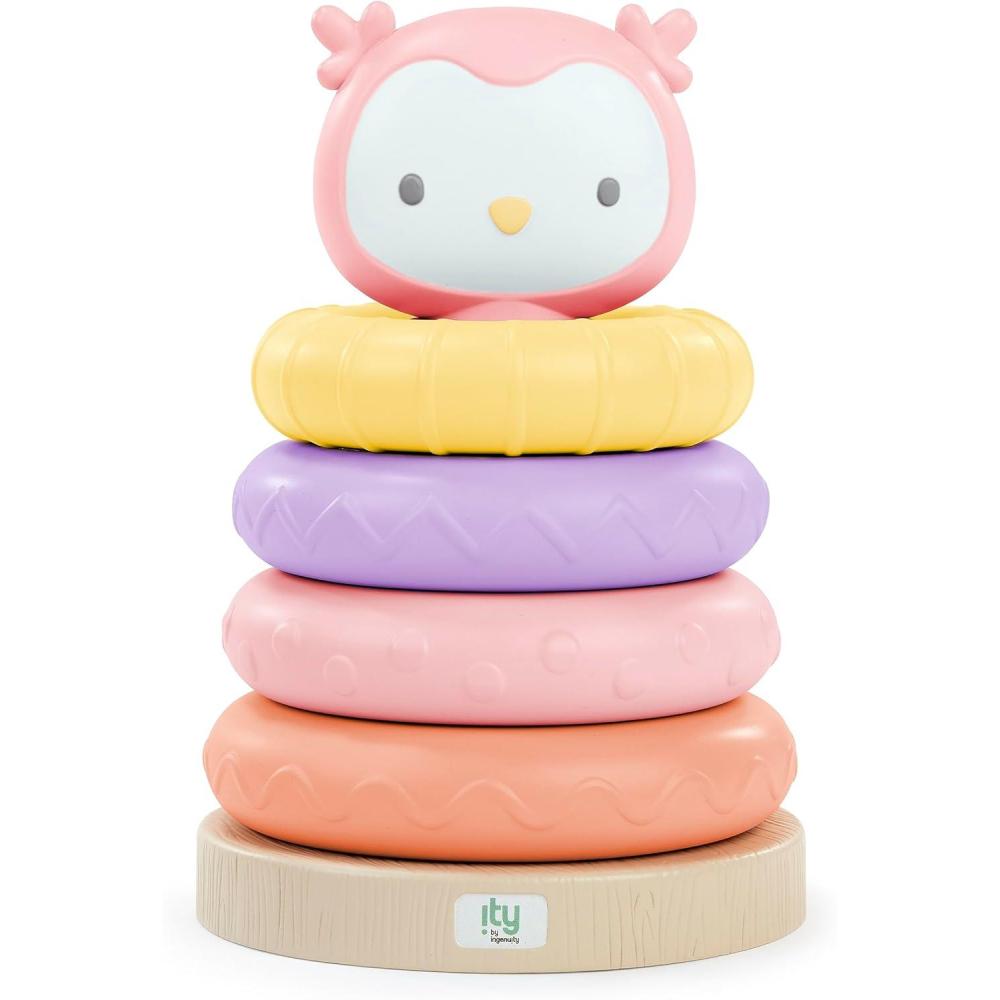 imageIngenuity ity by Ingenuity Cutie Stacks 4 BPAFree Rings Faux Wood Stand Bear Topper Unisex for Ages 6 Months and Up  NateNally the Owl