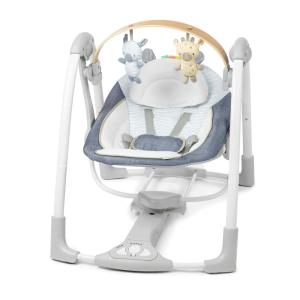 Ingenuity ConvertMe 2-in-1 Compact Portable Automatic Baby Swing & Infant Seat, Battery-Powered Vibrations, Nature Sounds, 0-9 Months 6-20 lbs (Raylan)(Chambray)