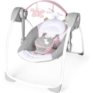 Ingenuity Soothe ‘n Delight Compact Portable 6-Speed Plush Baby Swing with Music, Folds Easy, 0-9 Months 6-20 lbs (Cozy Kingdom)(Flora)