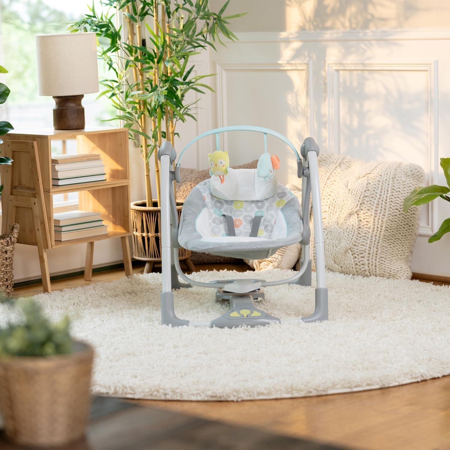 imageIngenuity ConvertMe 2in1 Compact Portable Automatic Baby Swing ampamp Infant Seat BatterySaving Vibrations Nature Sounds 09 Months 620 lbs WimberlyHugs and Hoots