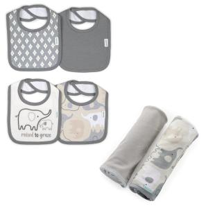 Ingenuity Easy Eater 4-Pack Baby Bib Set – Grazer & Comfy Bundle 2-Pack Multi-Use Swaddle Blanket Set – Grazer(Grazer Bib & Swaddle Giftset 6pcs)