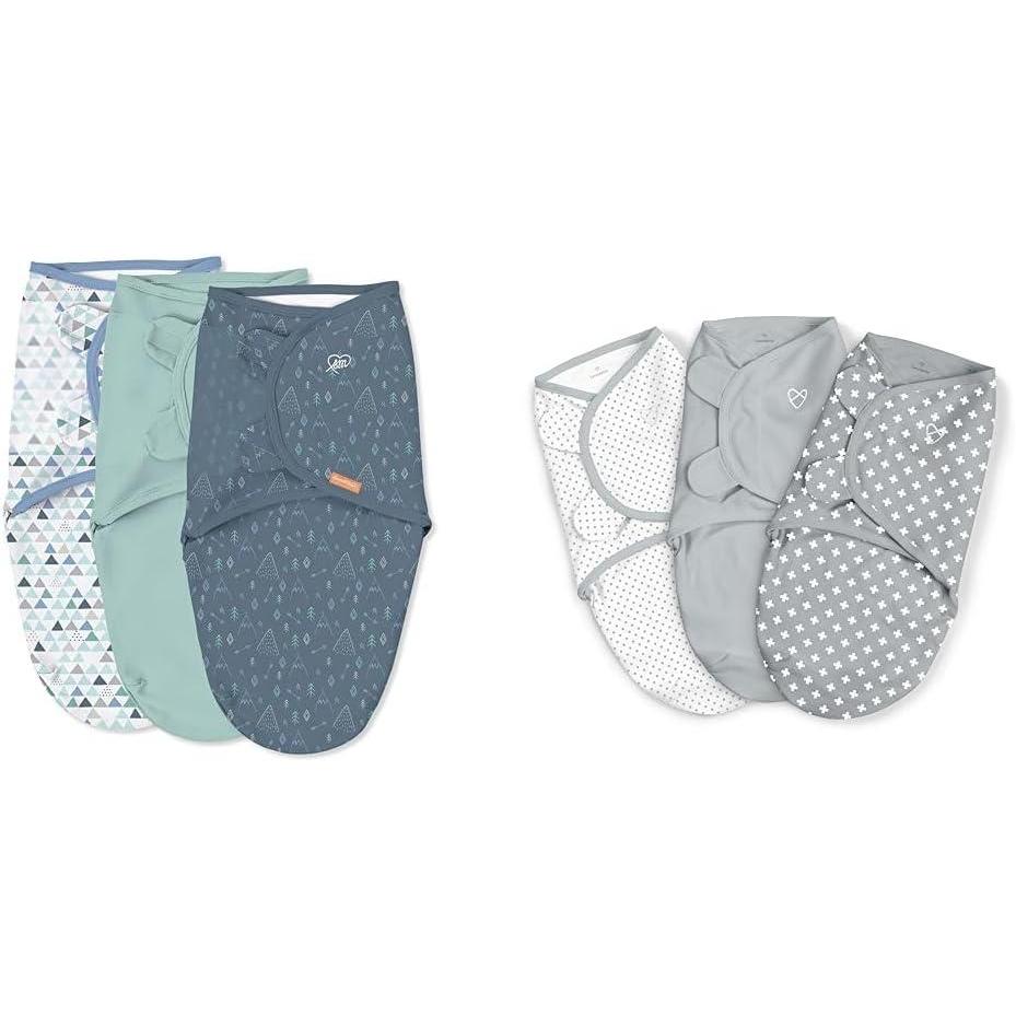 imageSwaddleMe by Ingenuity Original Swaddle Size Large 36 Months 3Pack Mountaineer amp by Ingenuity Original Swaddle Size SmallMedium 03 Months 3Pack Criss Cross Polka DotBlue