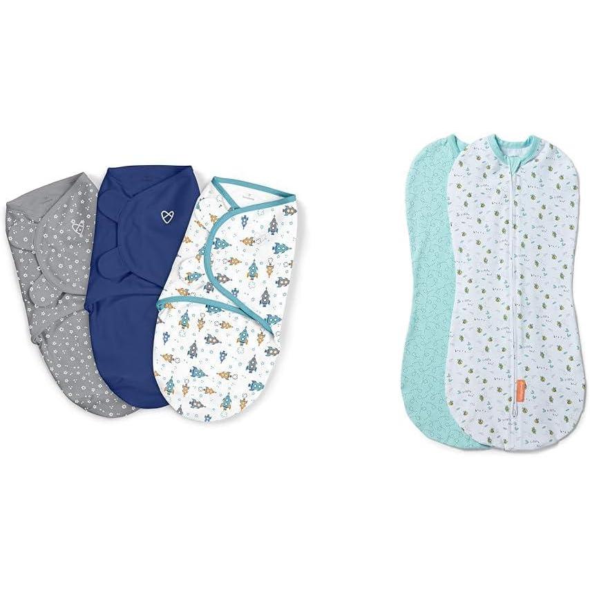 imageSwaddleMe by Ingenuity Original Swaddle Size Large 36 Months 3Pack Mountaineer amp by Ingenuity Original Swaddle Size SmallMedium 03 Months 3Pack Criss Cross Polka DotBlueGrayWhite