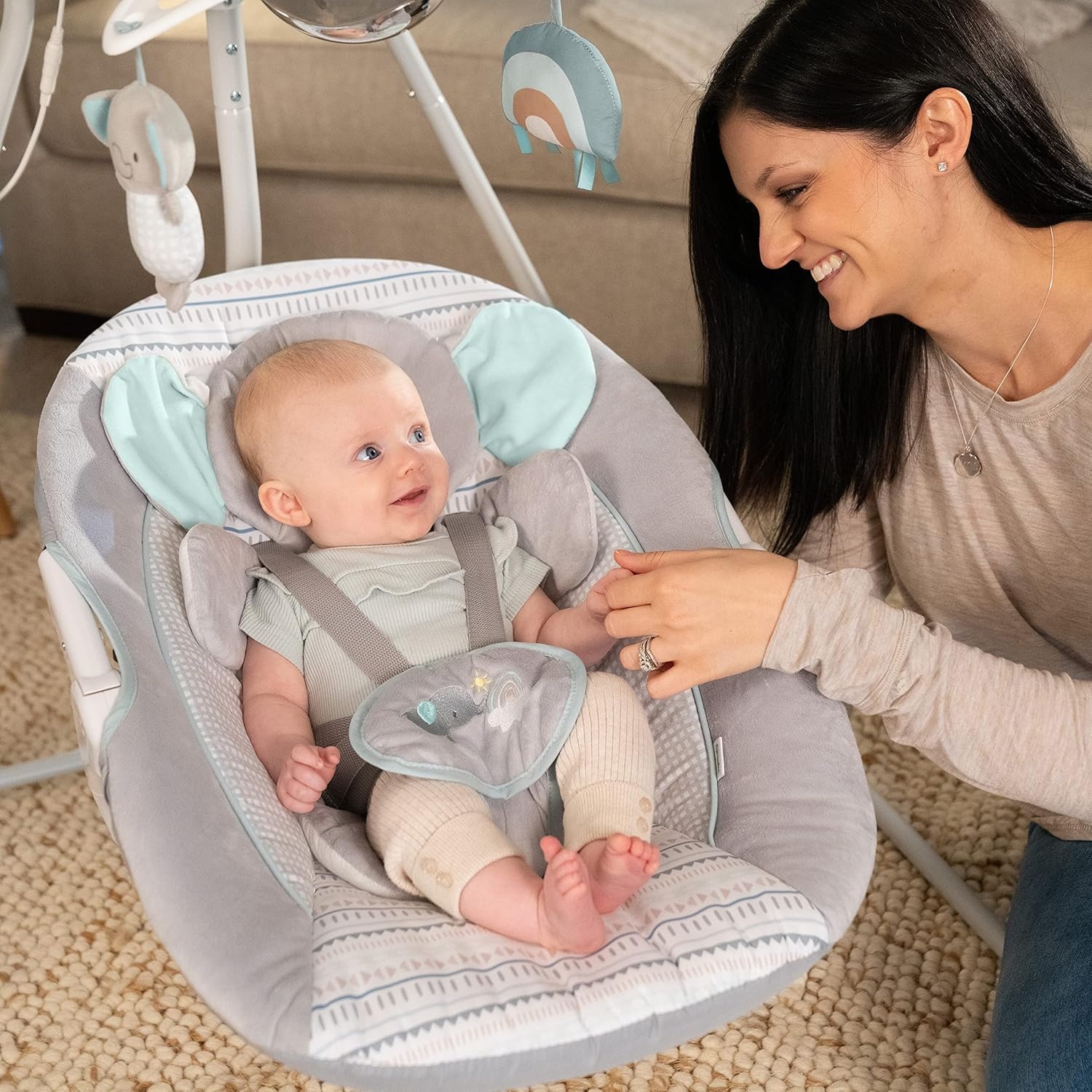 imageIngenuity InLighten Baby Swing 3in1 Bounce Sway amp Stationary Seat Bluetooth Music LightUp Canopy Remote Control Vibrations 5Point Harness Pebble ShoreVan The Elephant