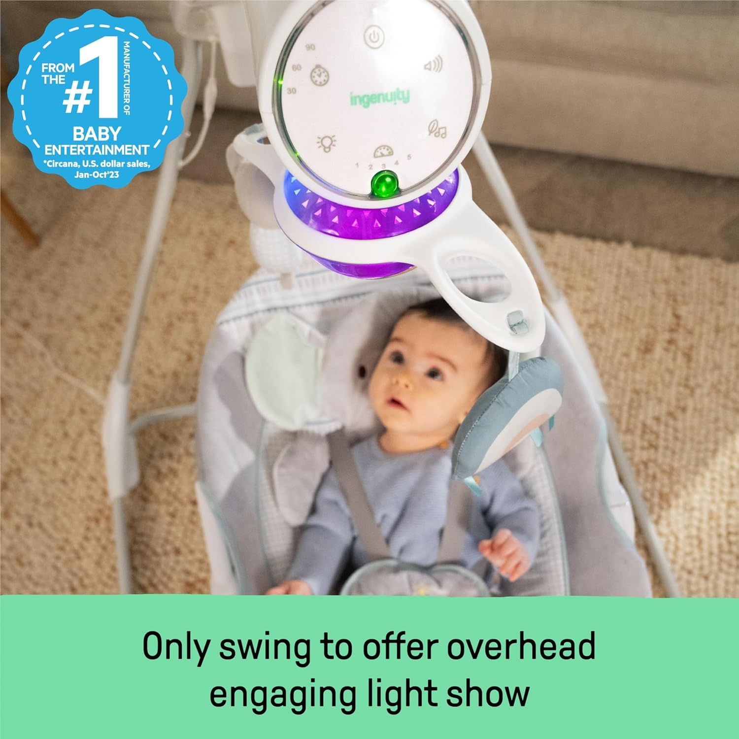 imageIngenuity InLighten Baby Swing 3in1 Bounce Sway amp Stationary Seat Bluetooth Music LightUp Canopy Remote Control Vibrations 5Point Harness Pebble ShoreVan The Elephant
