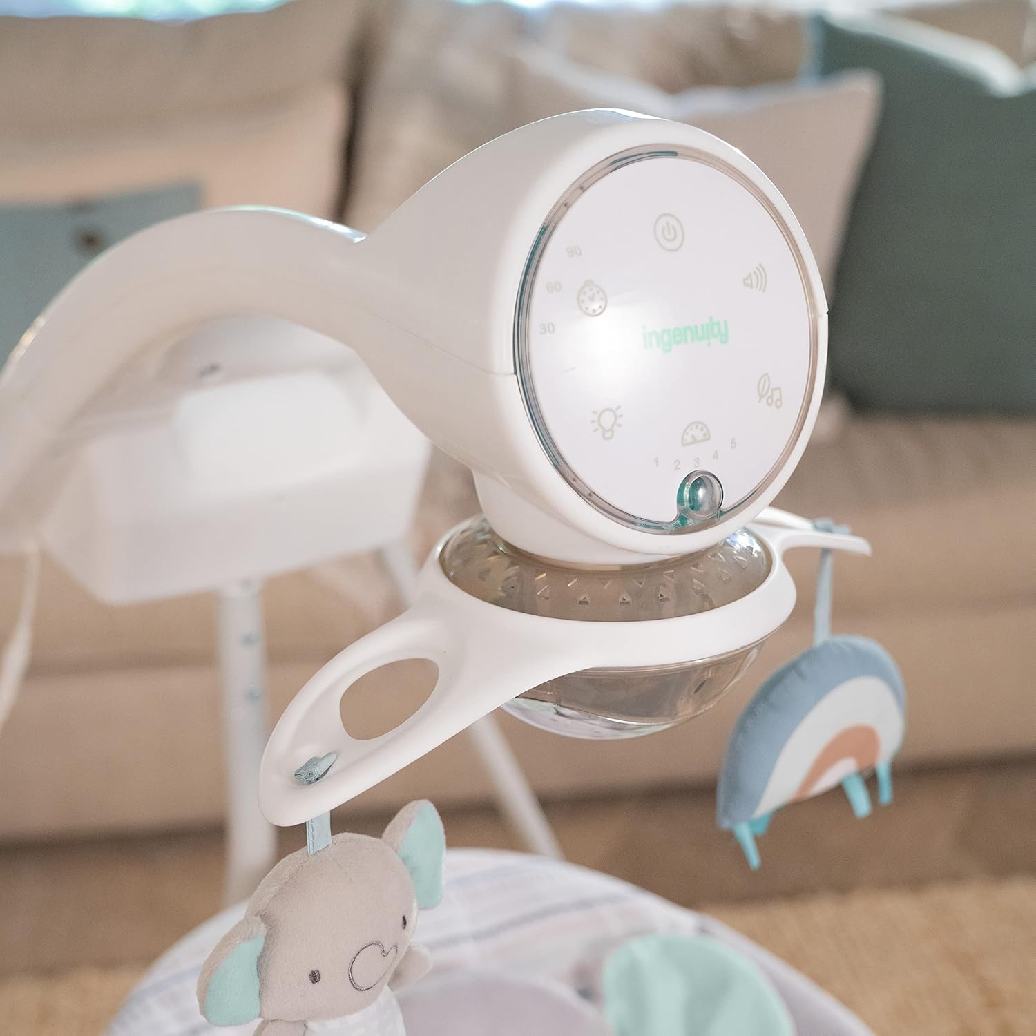 imageIngenuity InLighten Baby Swing 3in1 Bounce Sway amp Stationary Seat Bluetooth Music LightUp Canopy Remote Control Vibrations 5Point Harness Pebble ShoreVan The Elephant