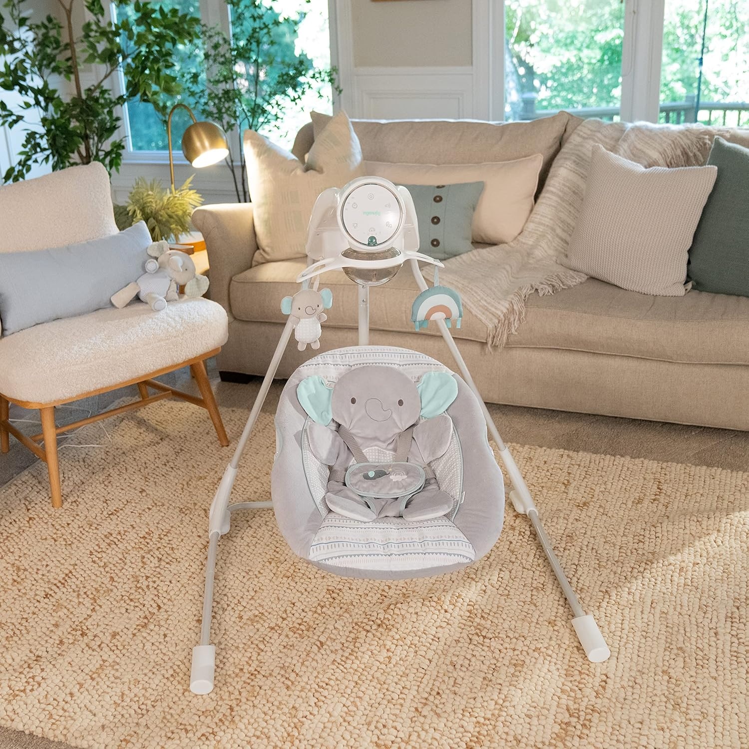 imageIngenuity InLighten Baby Swing 3in1 Bounce Sway amp Stationary Seat Bluetooth Music LightUp Canopy Remote Control Vibrations 5Point Harness Pebble ShoreVan The Elephant