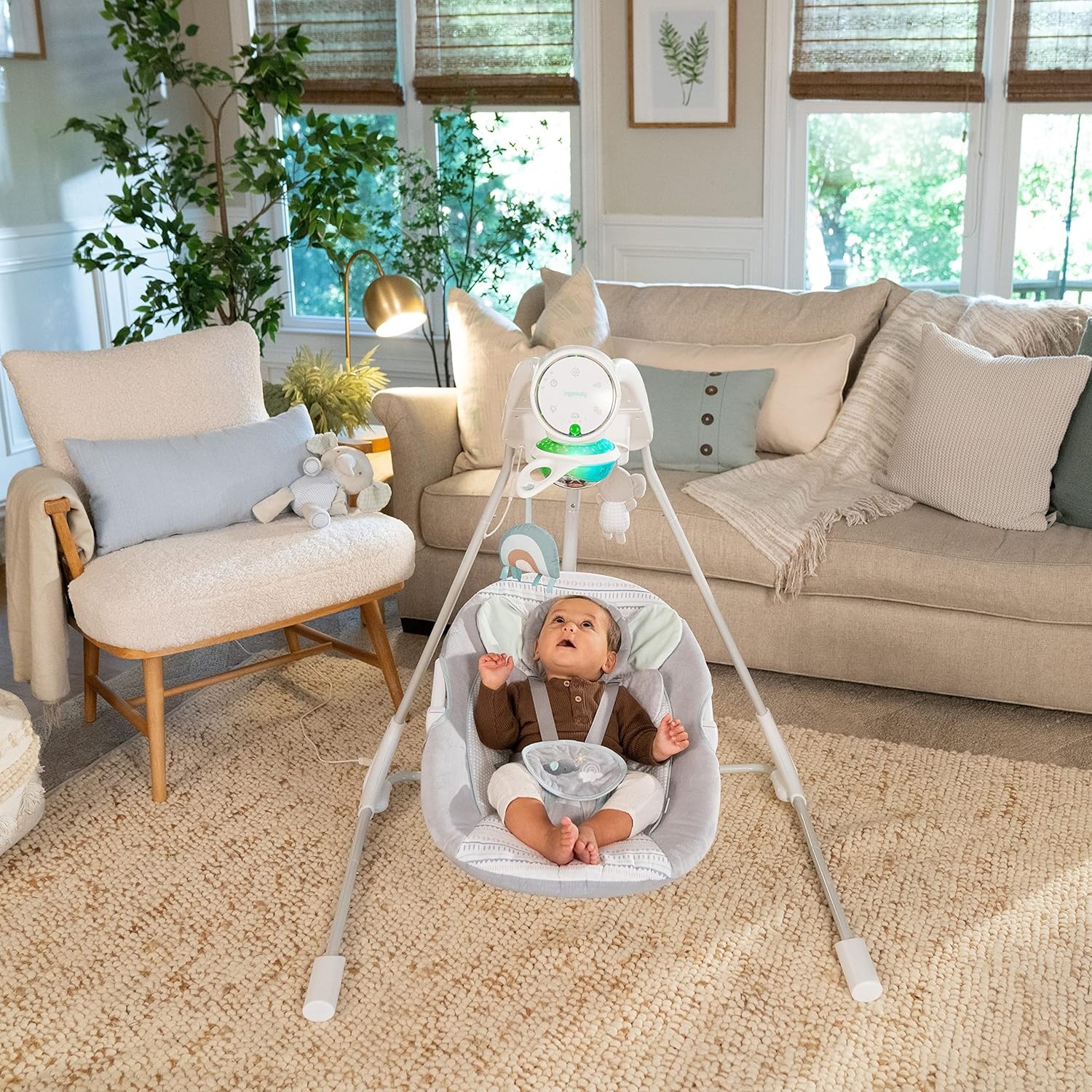 imageIngenuity InLighten Baby Swing 3in1 Bounce Sway amp Stationary Seat Bluetooth Music LightUp Canopy Remote Control Vibrations 5Point Harness Pebble ShoreVan The Elephant