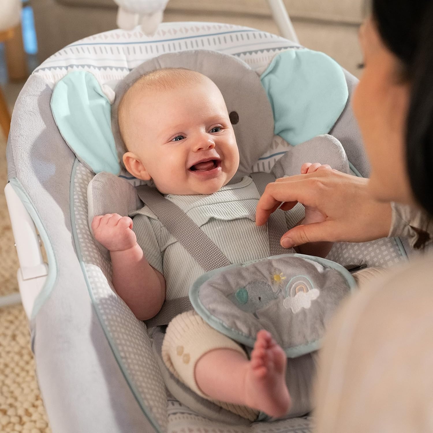 imageIngenuity InLighten Baby Swing 3in1 Bounce Sway amp Stationary Seat Bluetooth Music LightUp Canopy Remote Control Vibrations 5Point Harness Pebble ShoreVan The Elephant