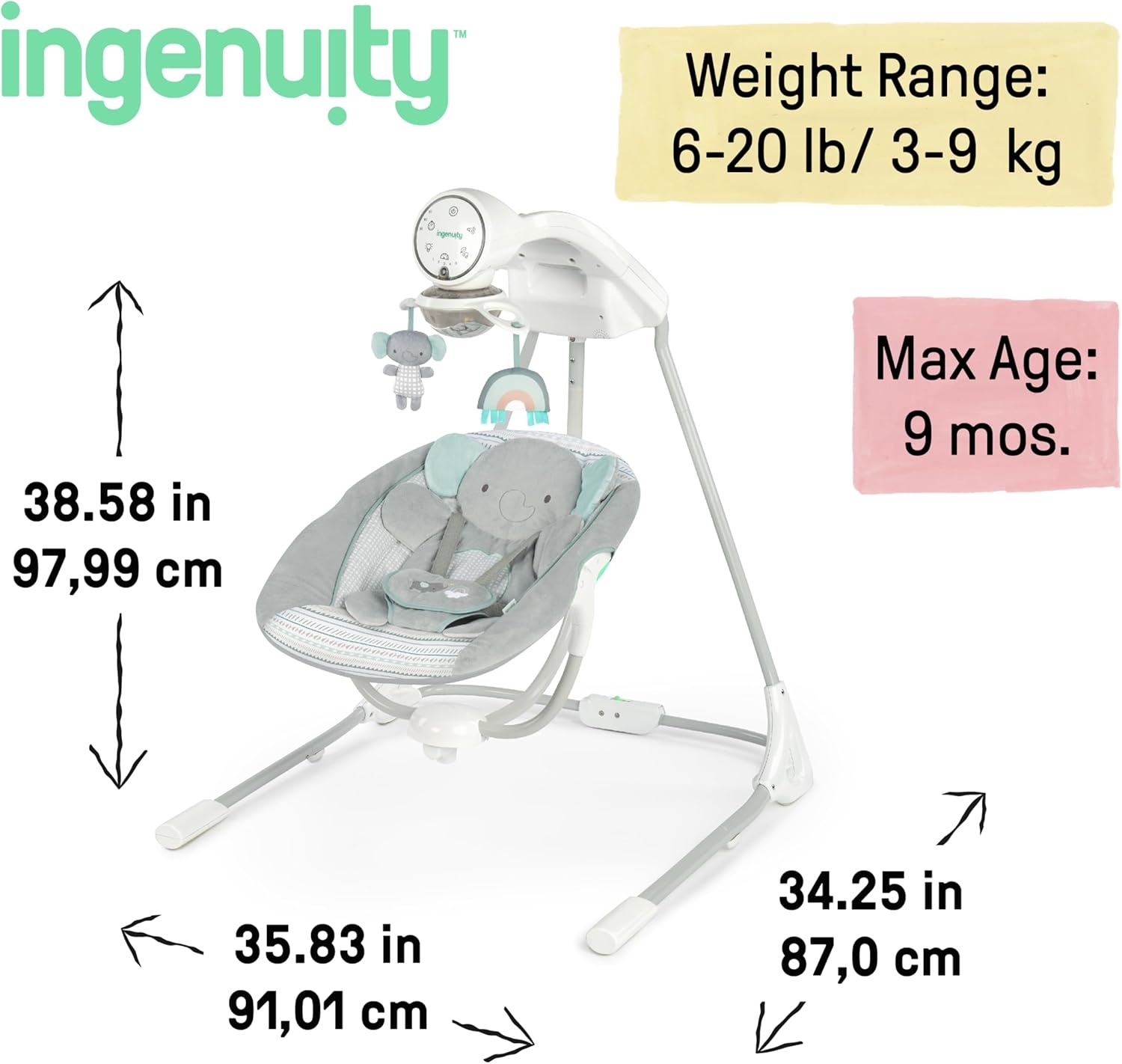 imageIngenuity InLighten Baby Swing 3in1 Bounce Sway amp Stationary Seat Bluetooth Music LightUp Canopy Remote Control Vibrations 5Point Harness Pebble ShoreVan The Elephant