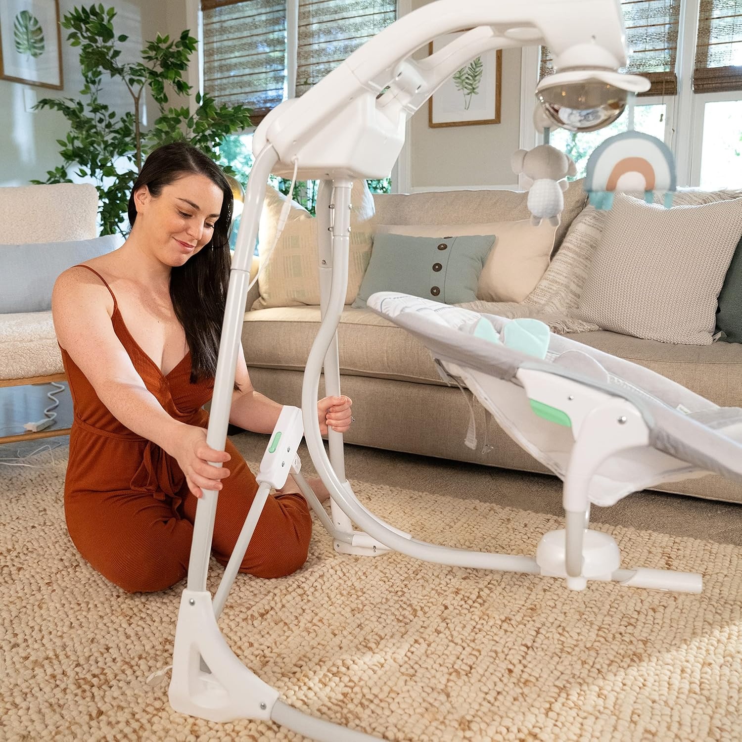 imageIngenuity InLighten Baby Swing 3in1 Bounce Sway amp Stationary Seat Bluetooth Music LightUp Canopy Remote Control Vibrations 5Point Harness Pebble ShoreVan The Elephant