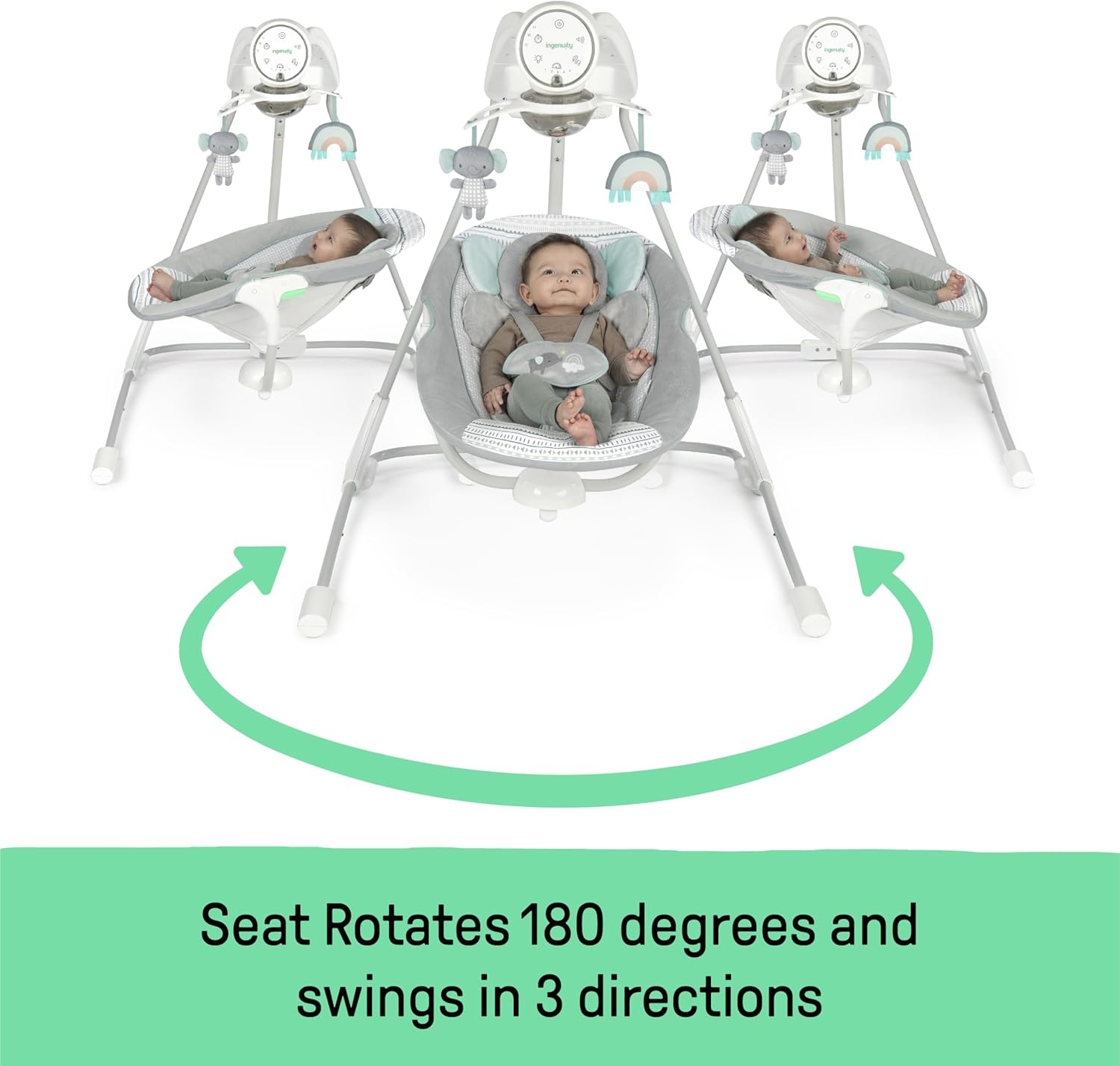 imageIngenuity InLighten Baby Swing 3in1 Bounce Sway amp Stationary Seat Bluetooth Music LightUp Canopy Remote Control Vibrations 5Point Harness Pebble ShoreVan The Elephant