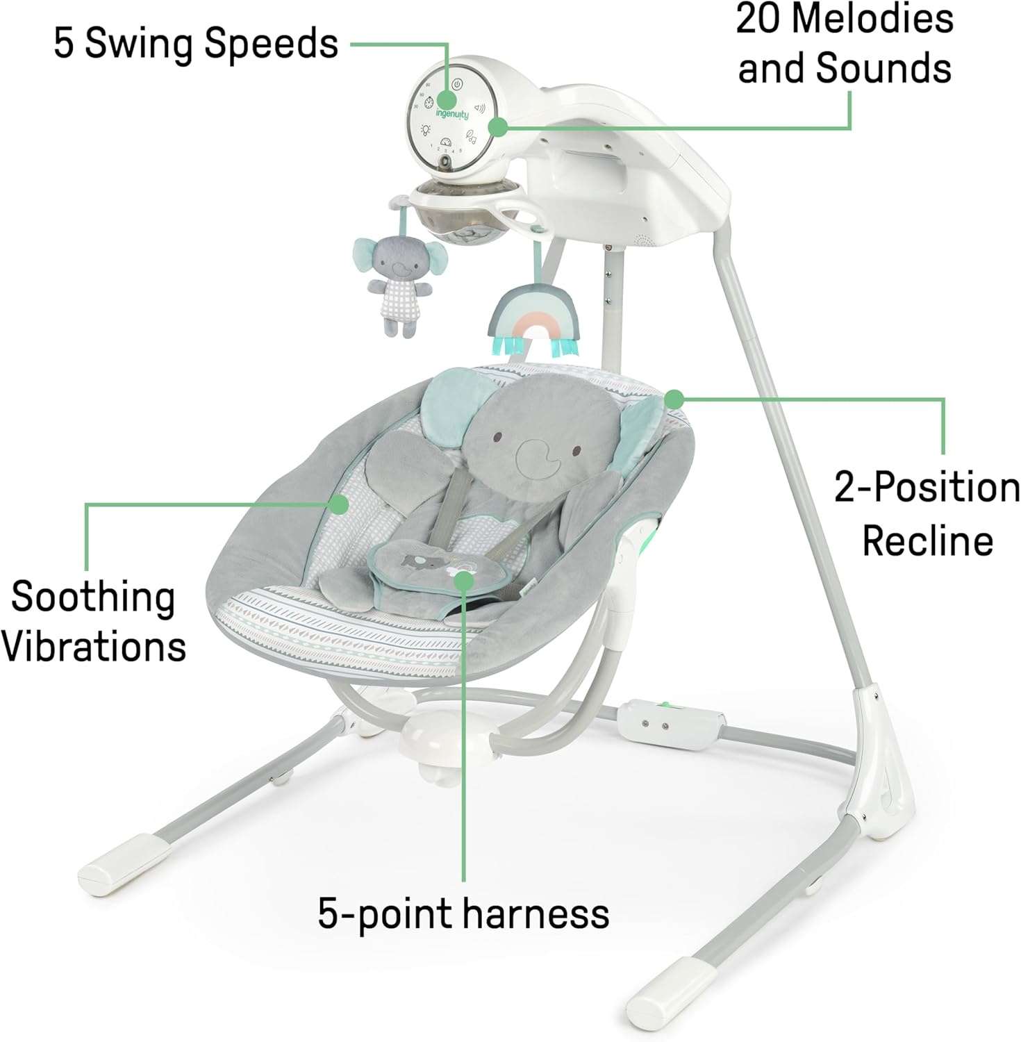 imageIngenuity InLighten Baby Swing 3in1 Bounce Sway amp Stationary Seat Bluetooth Music LightUp Canopy Remote Control Vibrations 5Point Harness Pebble ShoreVan The Elephant