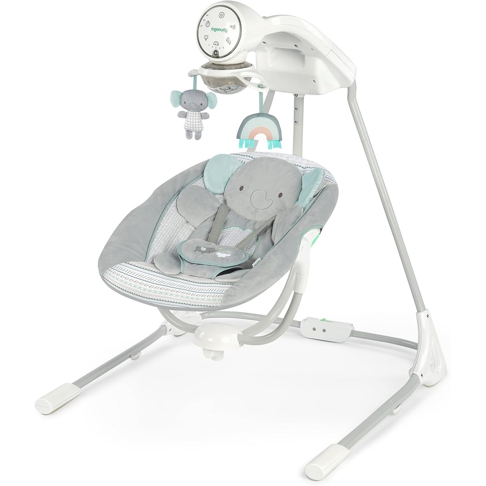imageIngenuity InLighten Baby Swing 3in1 Bounce Sway amp Stationary Seat Bluetooth Music LightUp Canopy Remote Control Vibrations 5Point Harness Pebble ShoreVan The Elephant