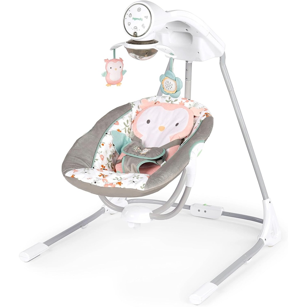 imageIngenuity InLighten Baby Swing 3in1 Bounce Sway amp Stationary Seat Bluetooth Music LightUp Canopy Remote Control Vibrations 5Point Harness Pebble ShoreNally Owl