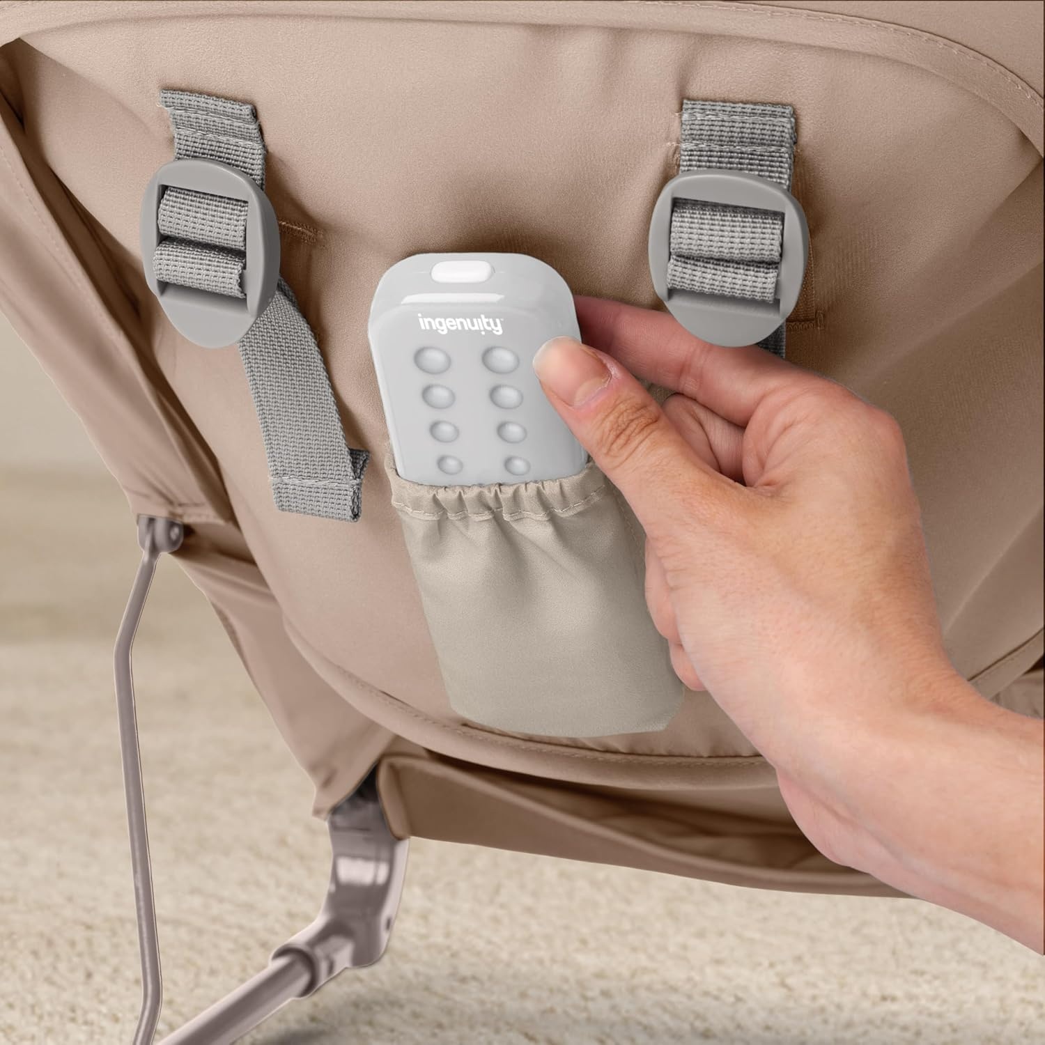 image:imageIngenuity Nestle Vibrating Rocker Lightweight Foldable Infant Seat with Breathable Fabric 2Position Recline Mini Vibration Unit 5Point Harness Travel BagTan