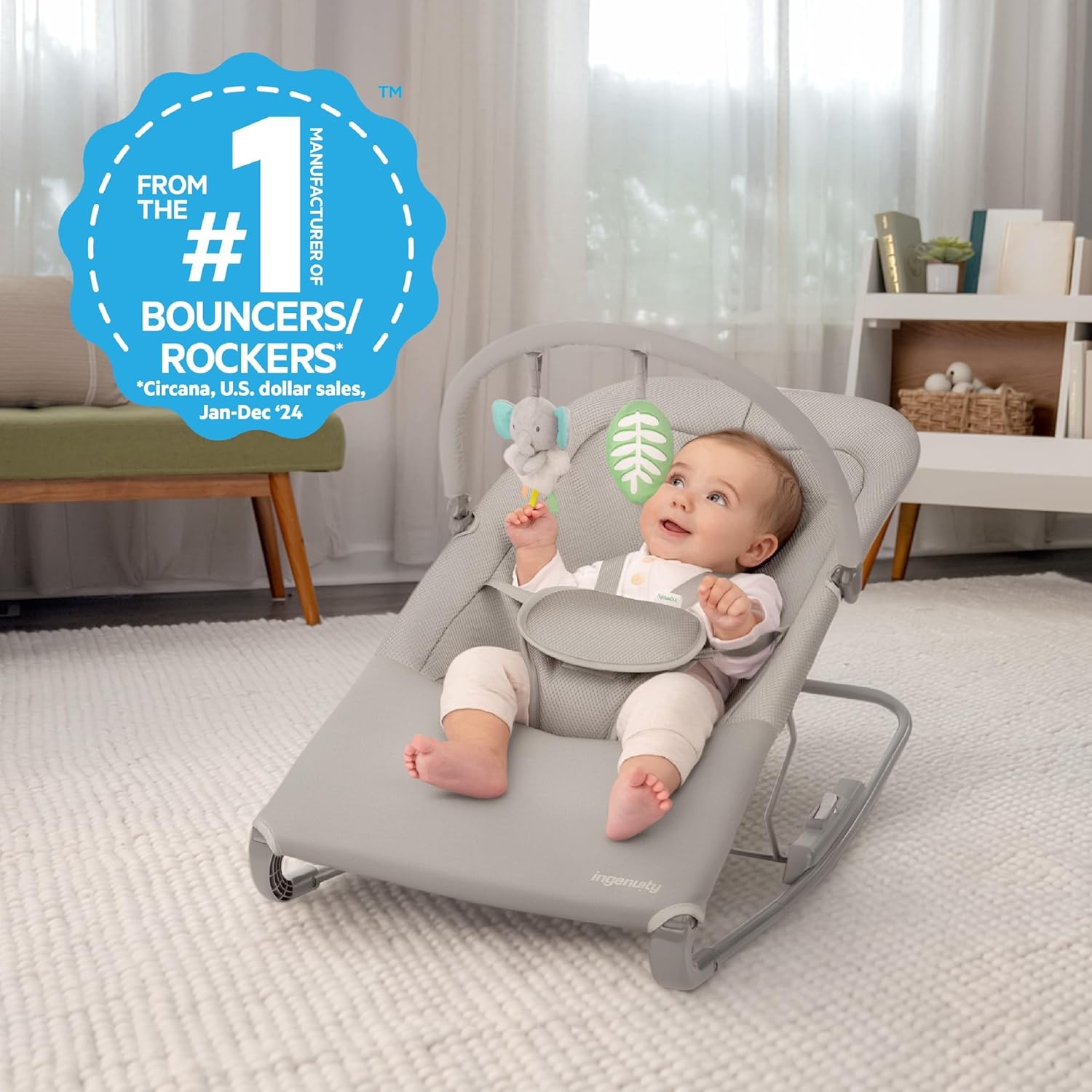 image:imageIngenuity Nestle Vibrating Rocker Lightweight Foldable Infant Seat with Breathable Fabric 2Position Recline Mini Vibration Unit 5Point Harness Travel BagGray