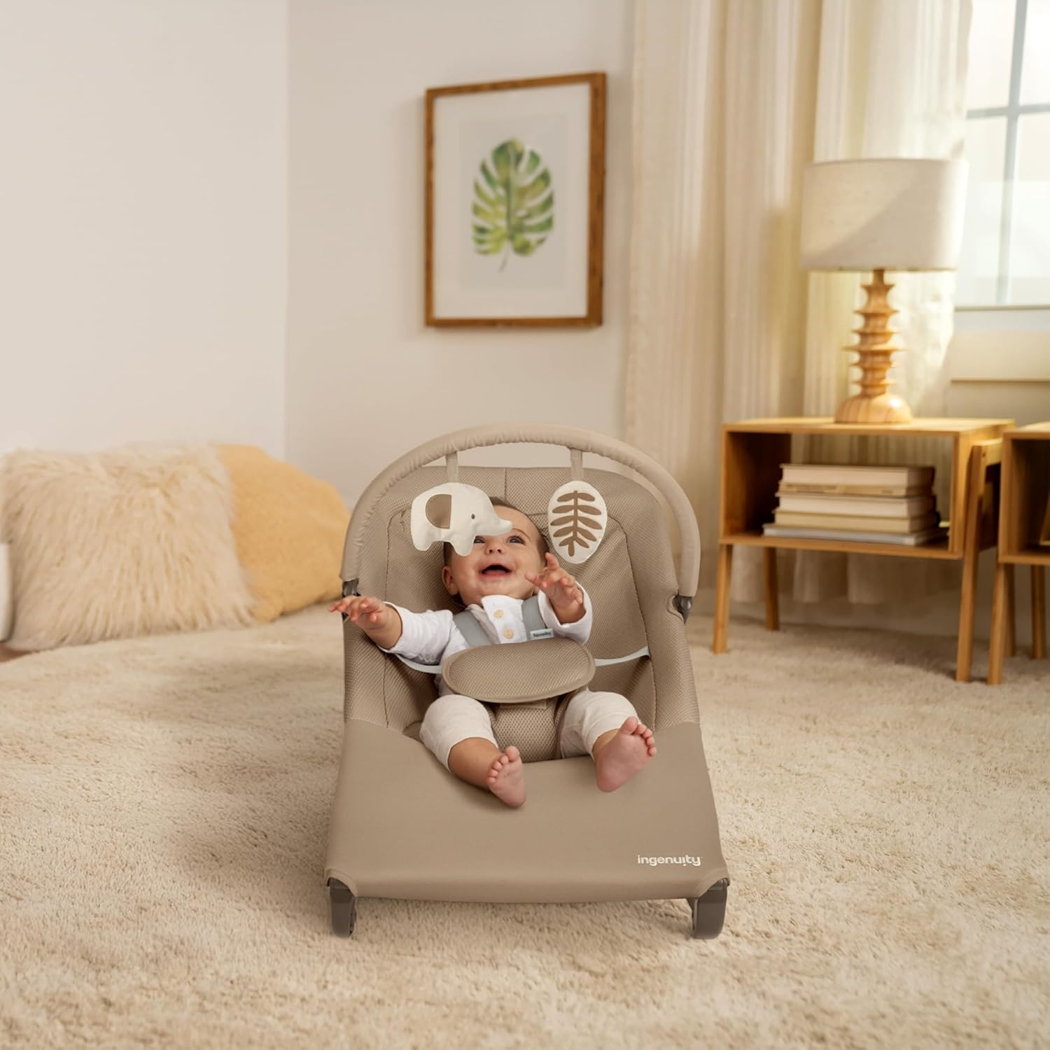 image:imageIngenuity Nestle Vibrating Rocker Lightweight Foldable Infant Seat with Breathable Fabric 2Position Recline Mini Vibration Unit 5Point Harness Travel BagTan