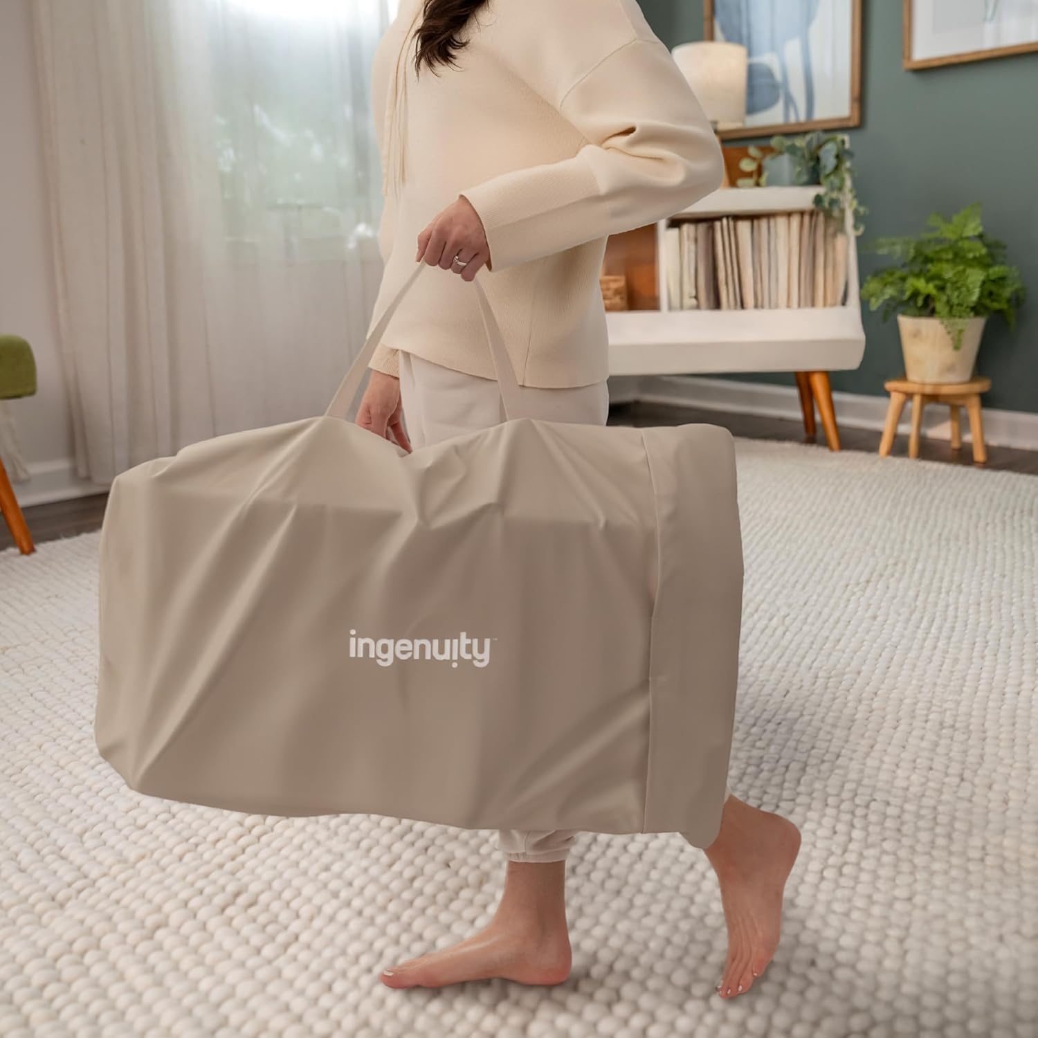 image:imageIngenuity Nestle Vibrating Rocker Lightweight Foldable Infant Seat with Breathable Fabric 2Position Recline Mini Vibration Unit 5Point Harness Travel BagTan
