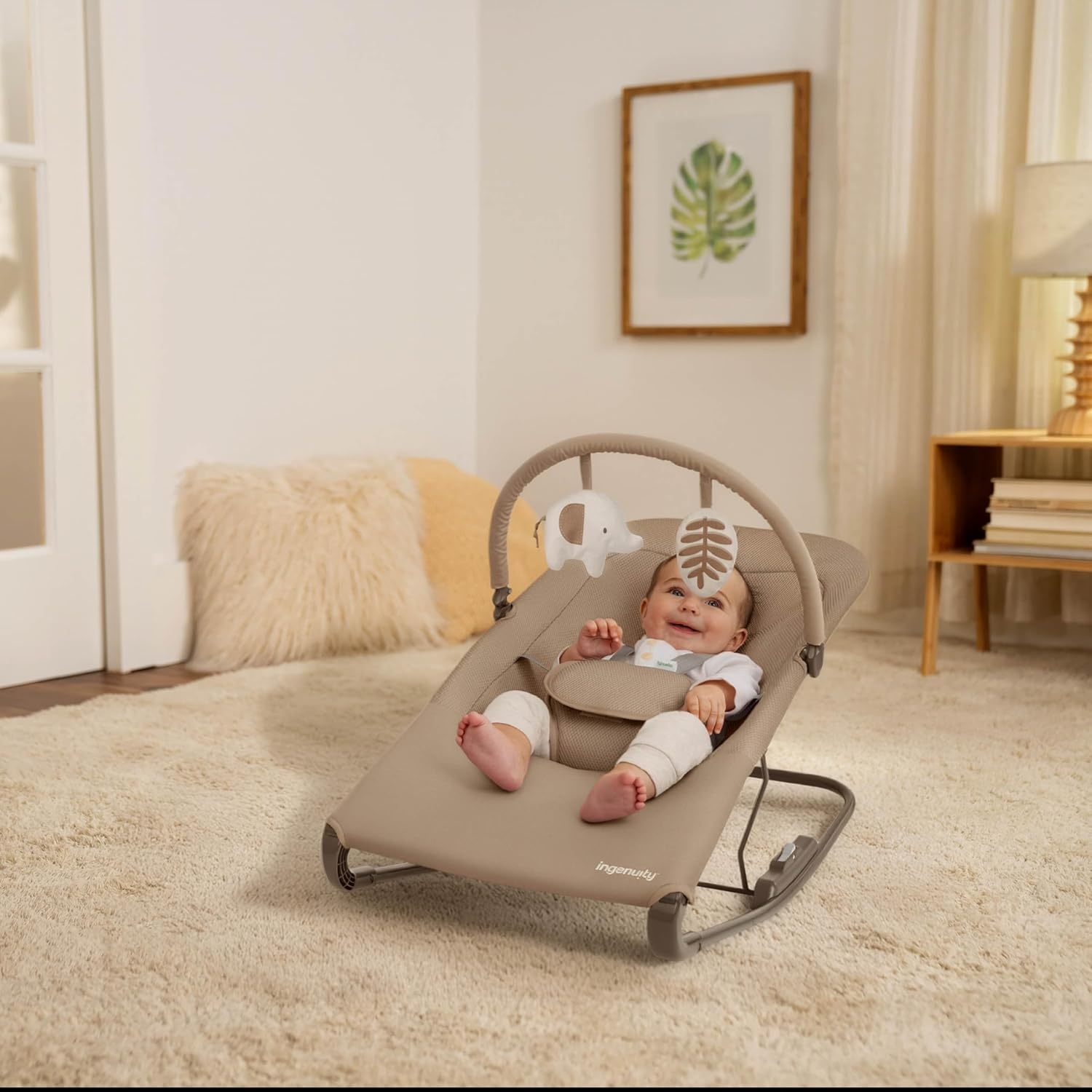 image:imageIngenuity Nestle Vibrating Rocker Lightweight Foldable Infant Seat with Breathable Fabric 2Position Recline Mini Vibration Unit 5Point Harness Travel BagTan
