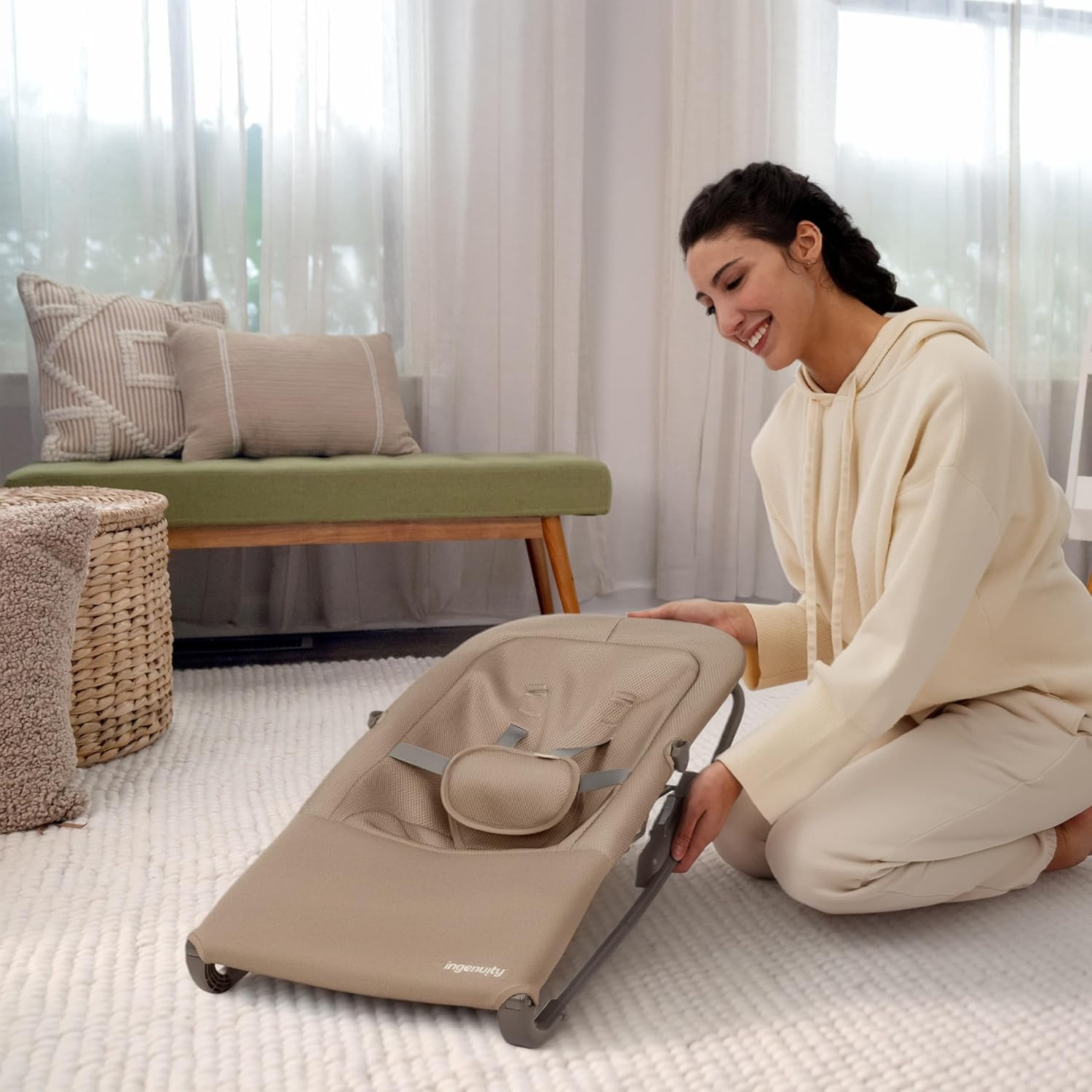 image:imageIngenuity Nestle Vibrating Rocker Lightweight Foldable Infant Seat with Breathable Fabric 2Position Recline Mini Vibration Unit 5Point Harness Travel BagTan