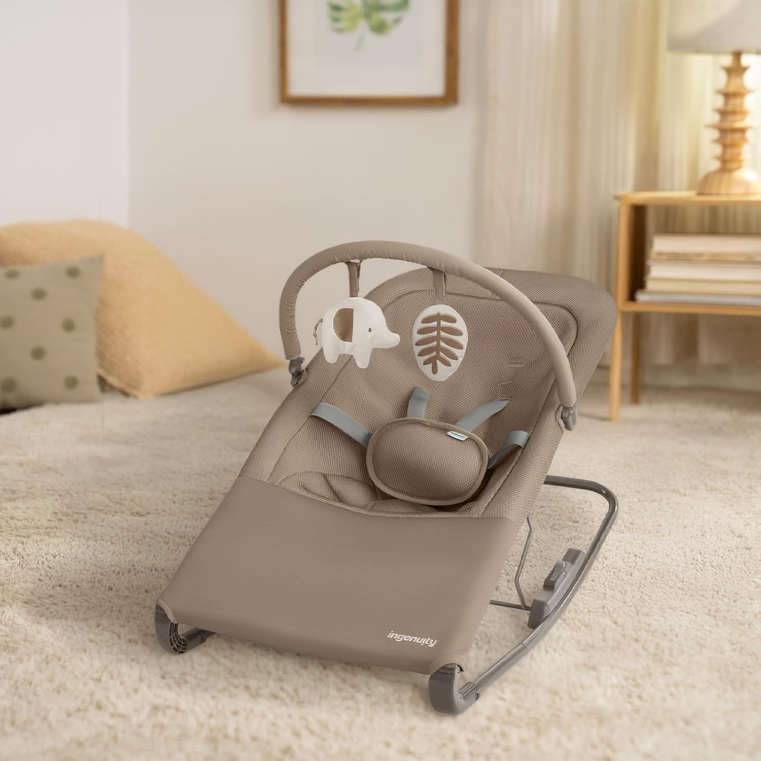 image:imageIngenuity Nestle Vibrating Rocker Lightweight Foldable Infant Seat with Breathable Fabric 2Position Recline Mini Vibration Unit 5Point Harness Travel BagTan