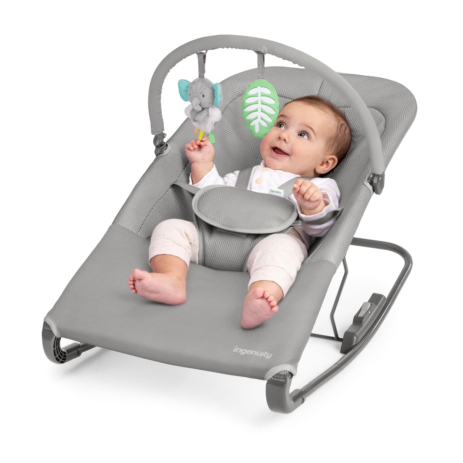 image:imageIngenuity Nestle Vibrating Rocker Lightweight Foldable Infant Seat with Breathable Fabric 2Position Recline Mini Vibration Unit 5Point Harness Travel BagGray
