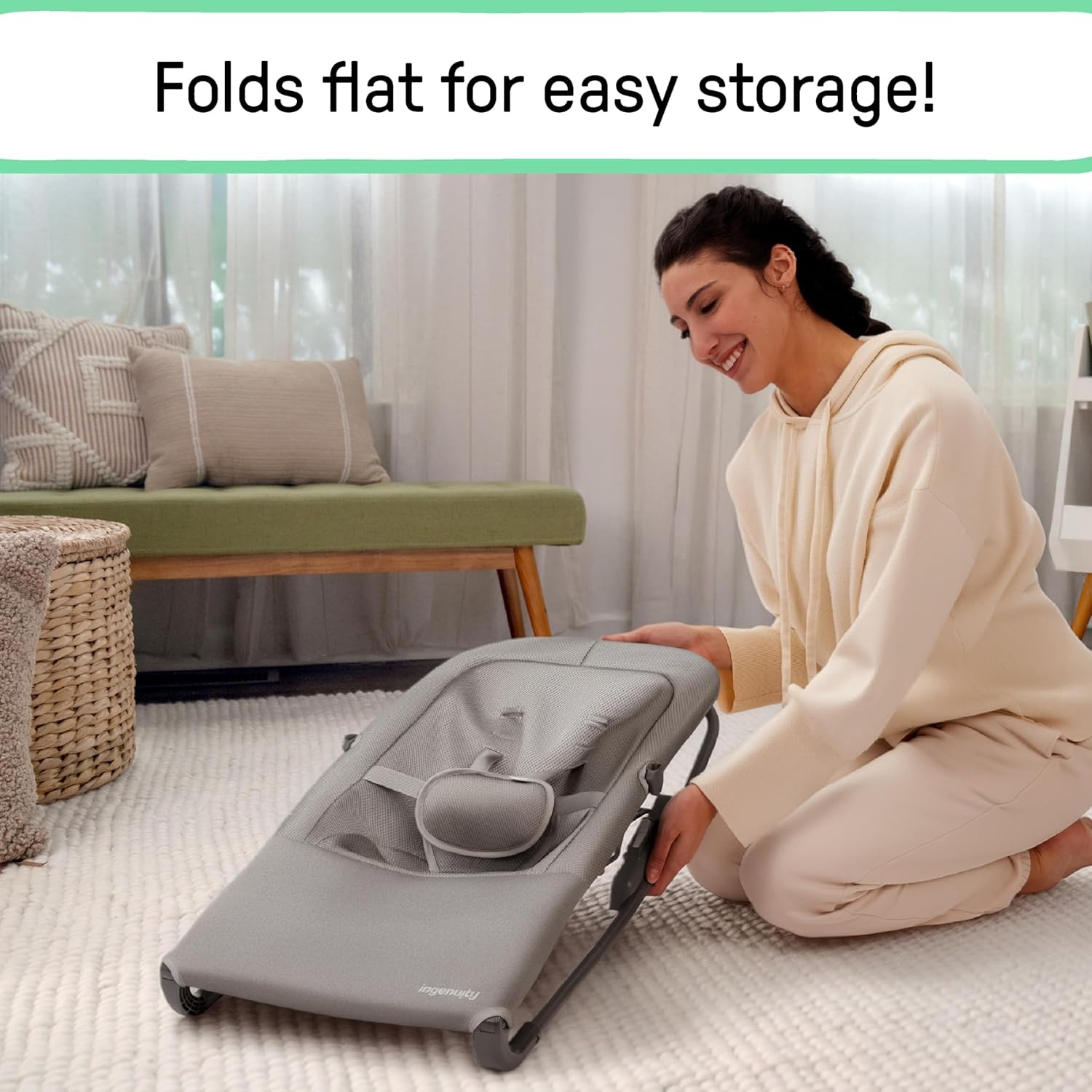 image:imageIngenuity Nestle Vibrating Rocker Lightweight Foldable Infant Seat with Breathable Fabric 2Position Recline Mini Vibration Unit 5Point Harness Travel BagGray