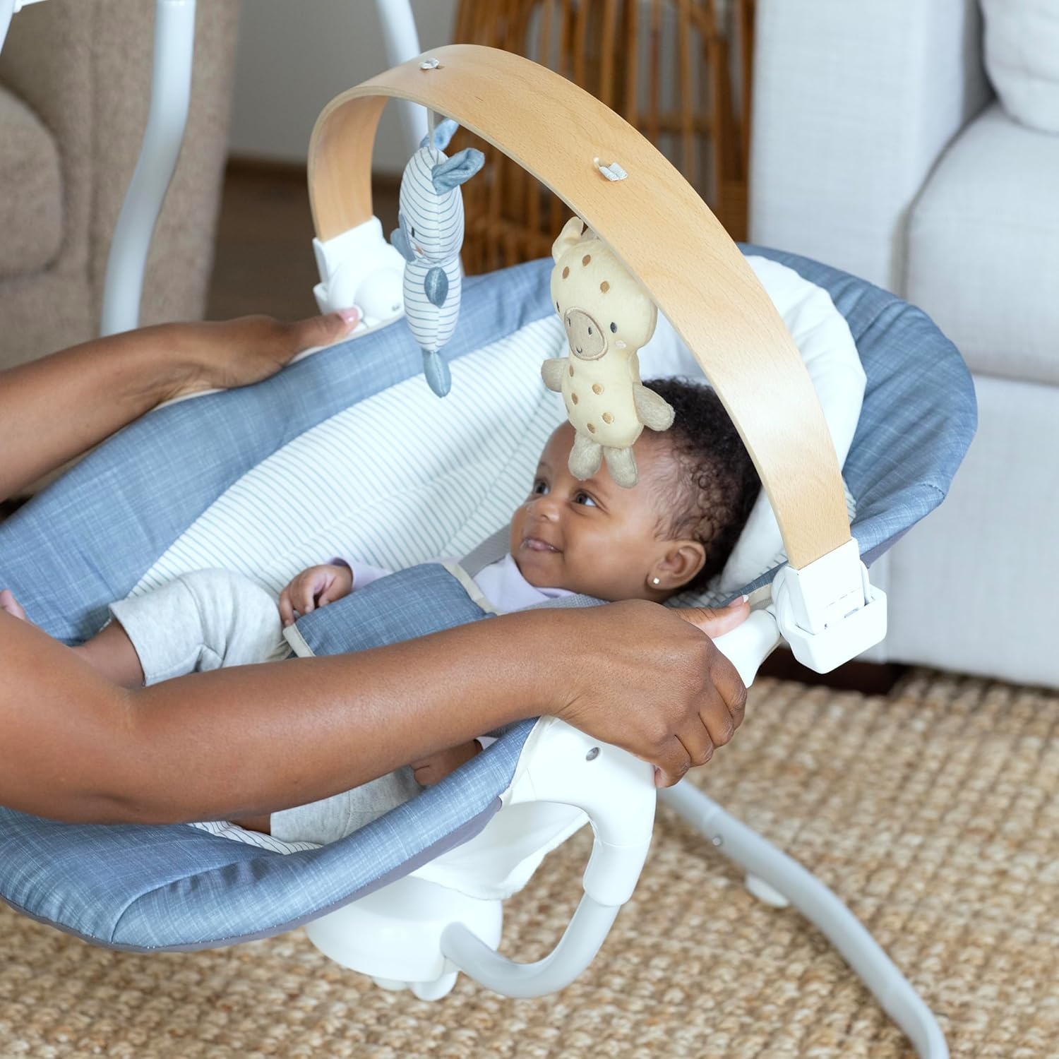 image:imageIngenuity SimpleComfort Compact Baby Swing Rotating Seat Swings in 3 Directions 6 Speeds 8 Melodies amp 3 Nature Sounds Ages 09 Months Up to 20 Pounds PinkChambray