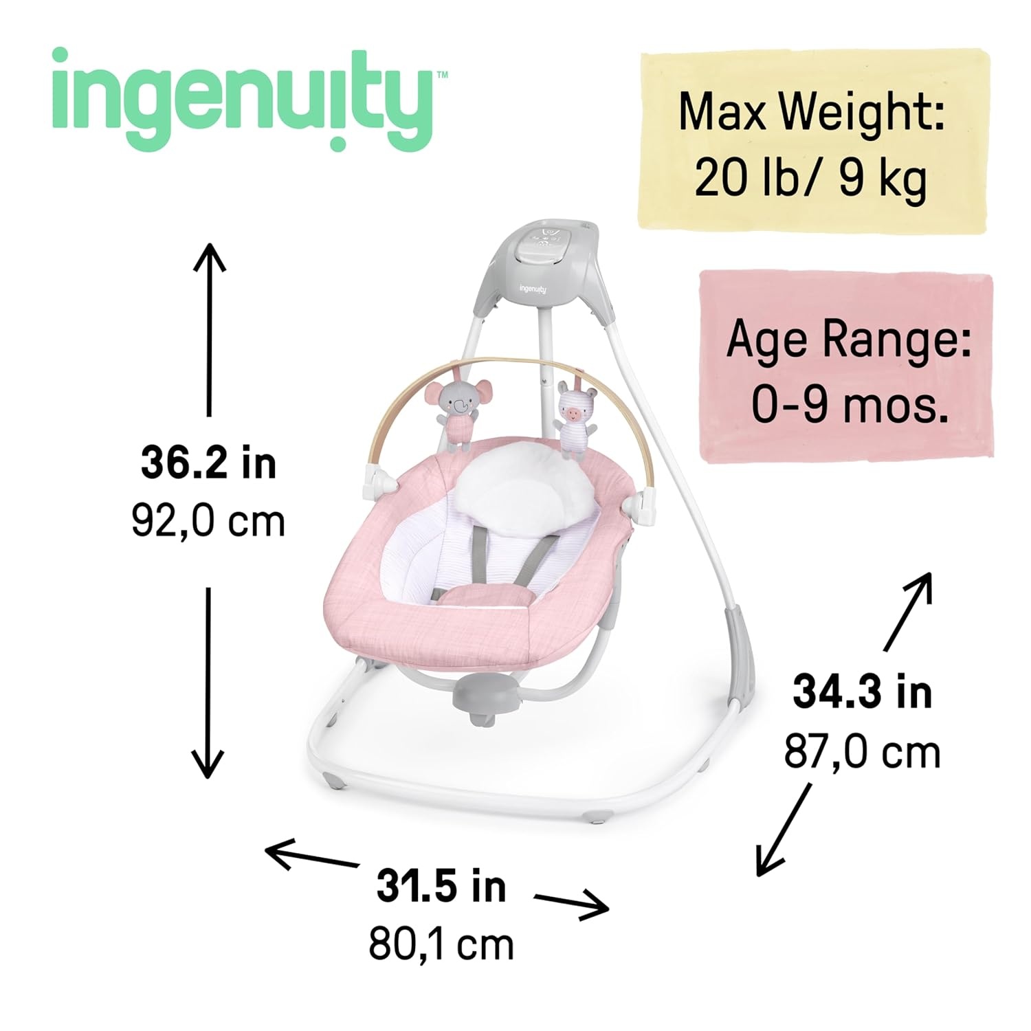 image:imageIngenuity SimpleComfort Compact Baby Swing Rotating Seat Swings in 3 Directions 6 Speeds 8 Melodies amp 3 Nature Sounds Ages 09 Months Up to 20 Pounds PinkPink Chambray