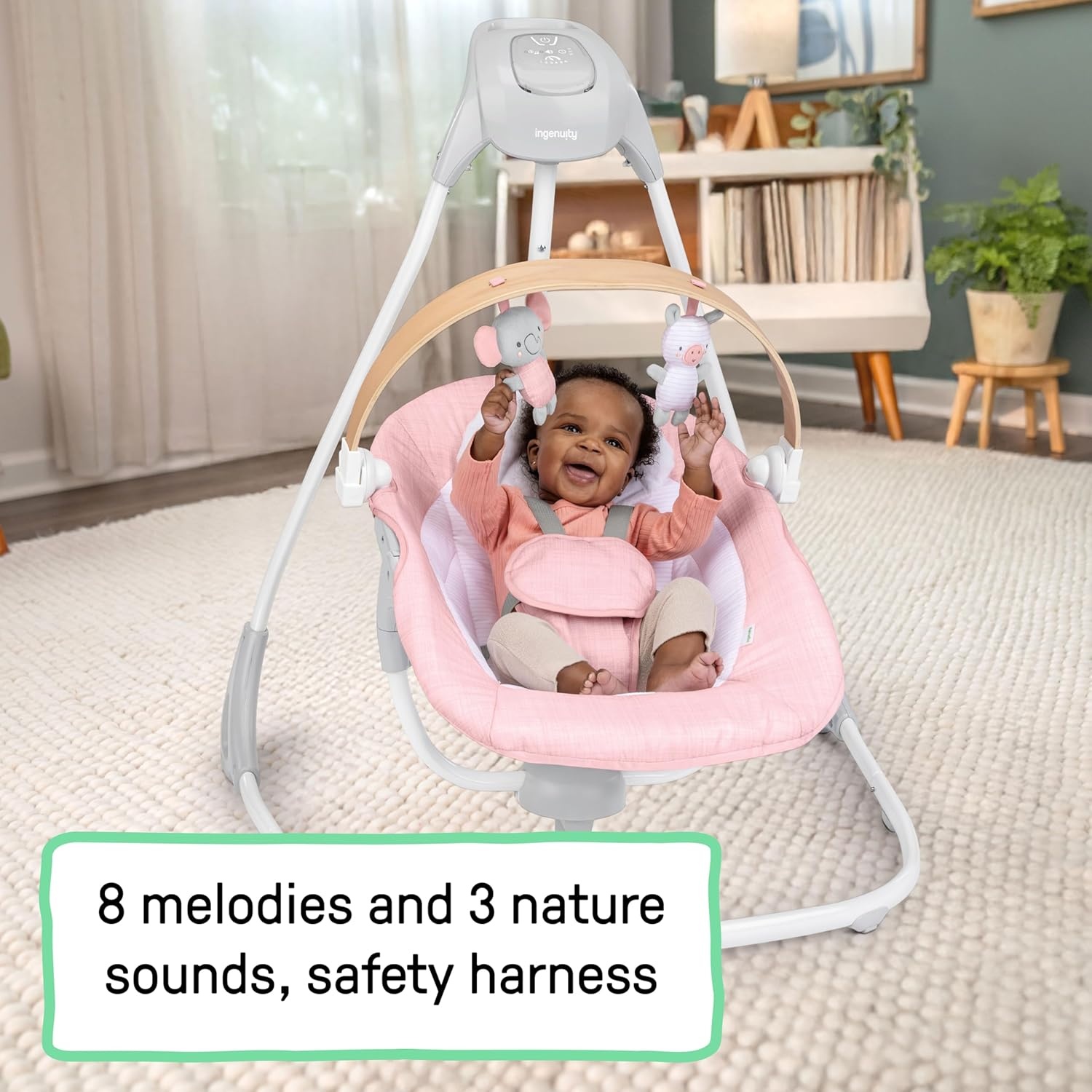 image:imageIngenuity SimpleComfort Compact Baby Swing Rotating Seat Swings in 3 Directions 6 Speeds 8 Melodies amp 3 Nature Sounds Ages 09 Months Up to 20 Pounds PinkPink Chambray