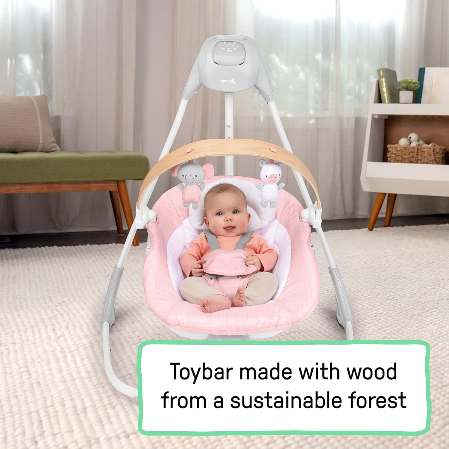 image:imageIngenuity SimpleComfort Compact Baby Swing Rotating Seat Swings in 3 Directions 6 Speeds 8 Melodies amp 3 Nature Sounds Ages 09 Months Up to 20 Pounds PinkPink Chambray