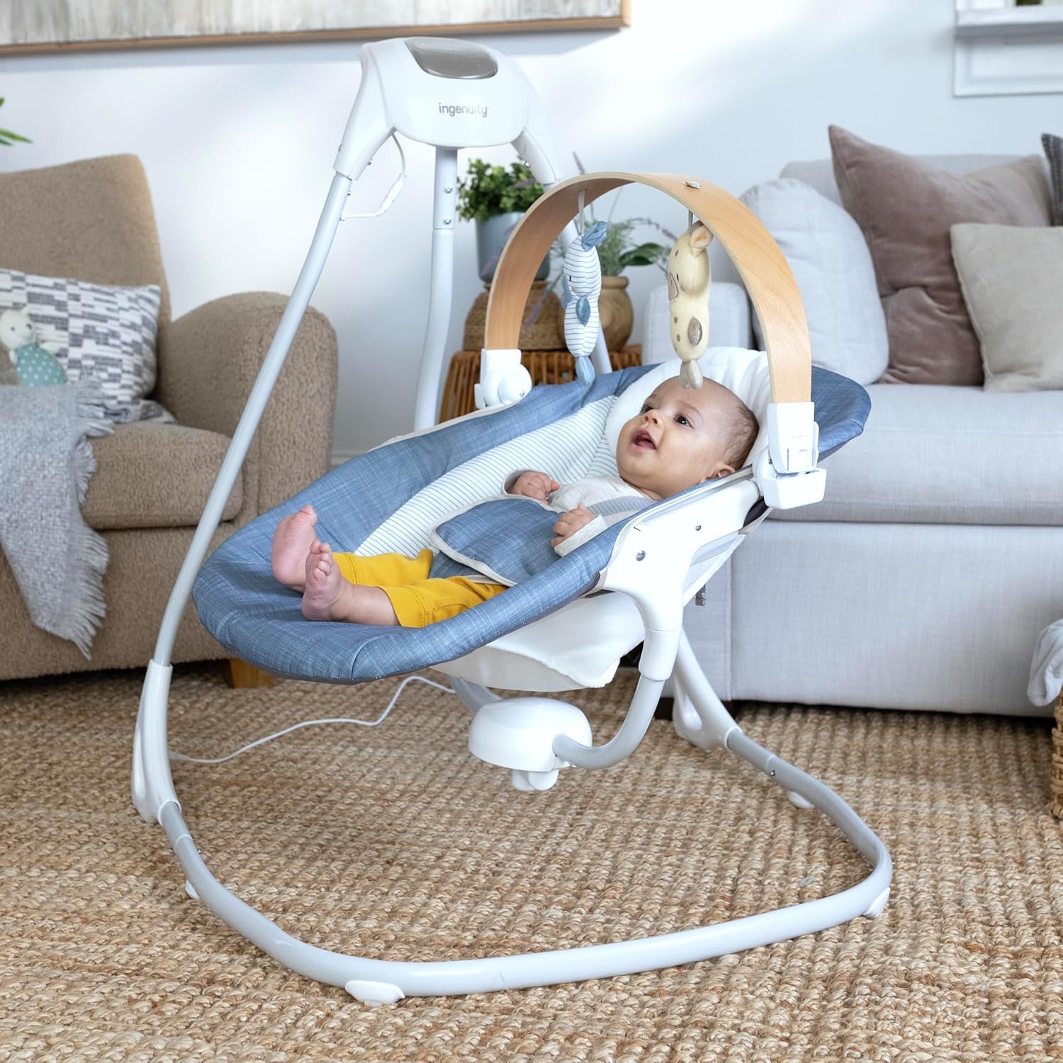 image:imageIngenuity SimpleComfort Compact Baby Swing Rotating Seat Swings in 3 Directions 6 Speeds 8 Melodies amp 3 Nature Sounds Ages 09 Months Up to 20 Pounds PinkChambray
