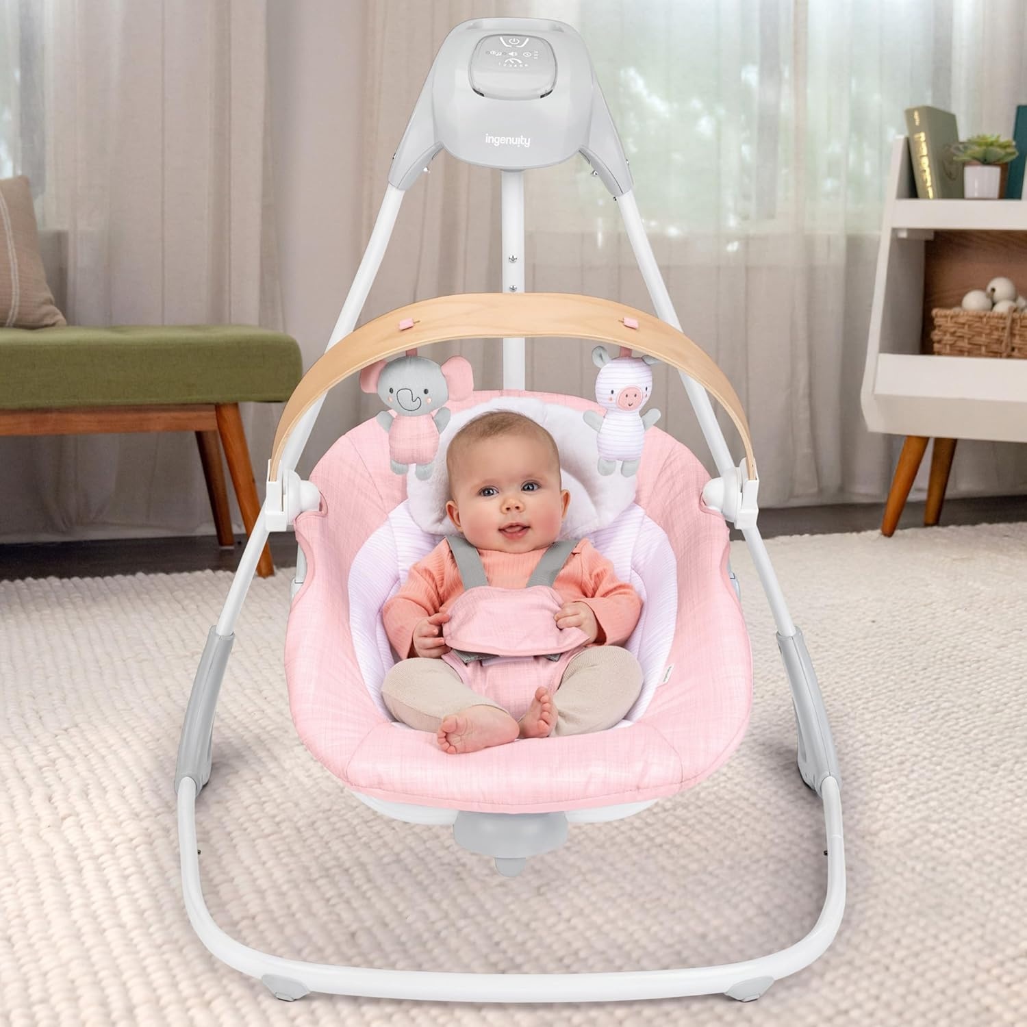 image:imageIngenuity SimpleComfort Compact Baby Swing Rotating Seat Swings in 3 Directions 6 Speeds 8 Melodies amp 3 Nature Sounds Ages 09 Months Up to 20 Pounds PinkPink Chambray
