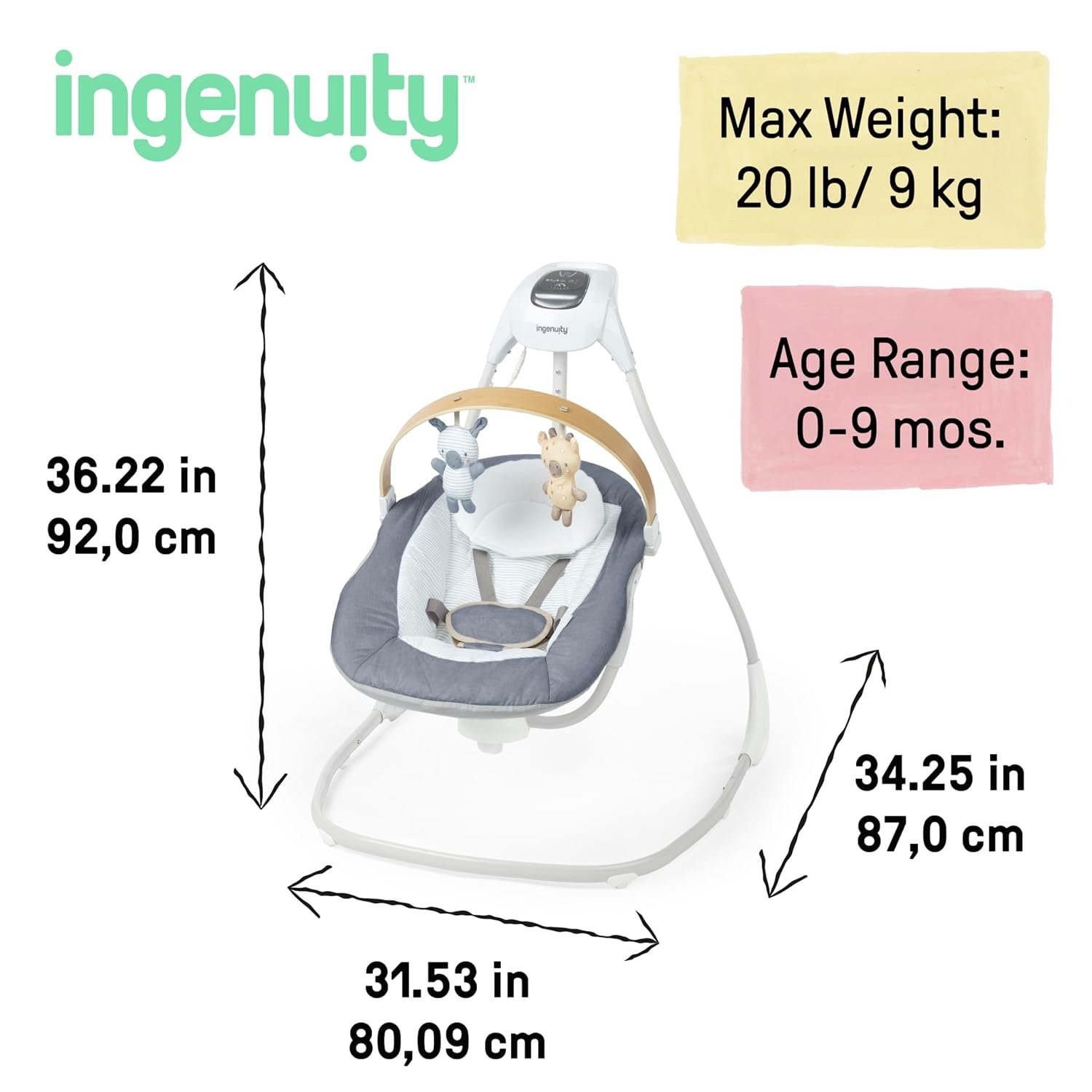 image:imageIngenuity SimpleComfort Compact Baby Swing Rotating Seat Swings in 3 Directions 6 Speeds 8 Melodies amp 3 Nature Sounds Ages 09 Months Up to 20 Pounds PinkChambray