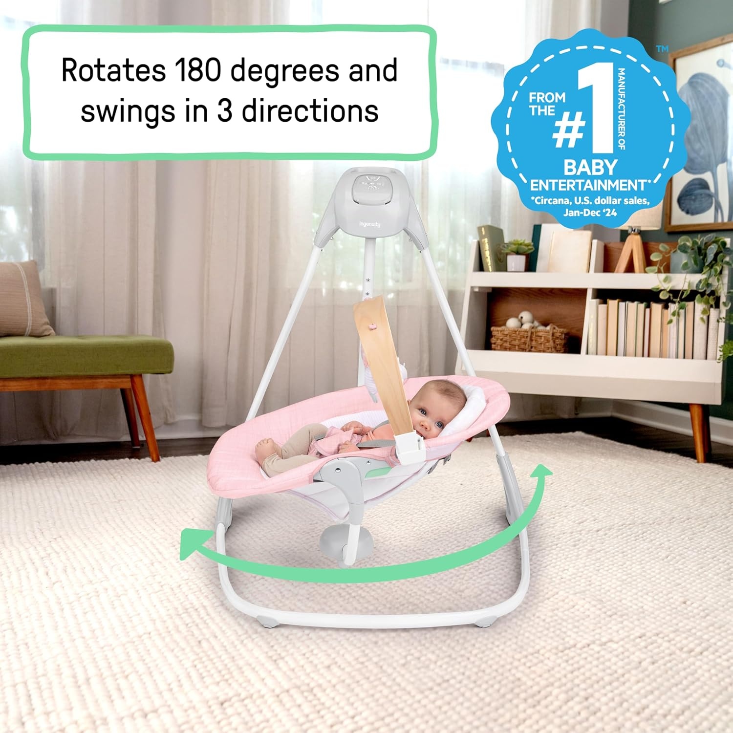 image:imageIngenuity SimpleComfort Compact Baby Swing Rotating Seat Swings in 3 Directions 6 Speeds 8 Melodies amp 3 Nature Sounds Ages 09 Months Up to 20 Pounds PinkPink Chambray