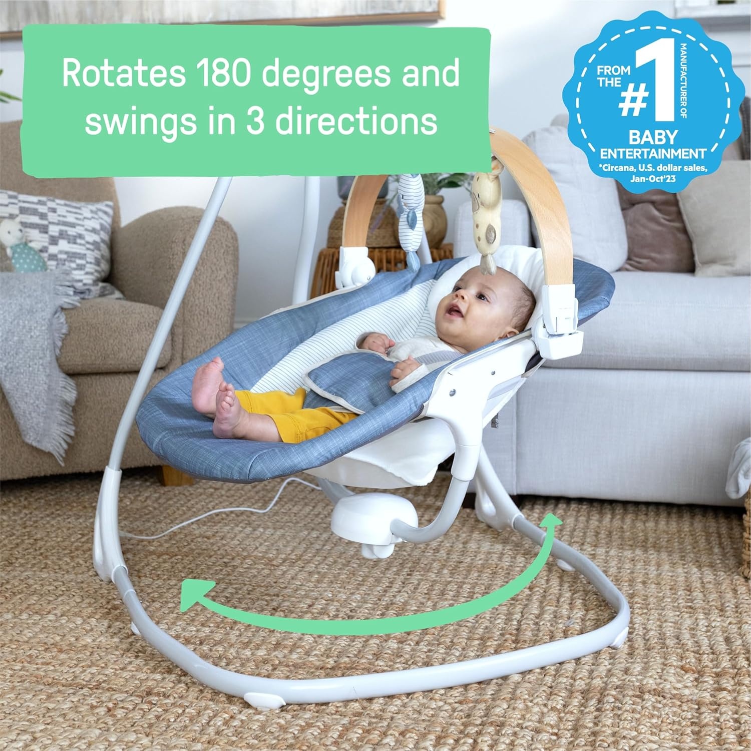 image:imageIngenuity SimpleComfort Compact Baby Swing Rotating Seat Swings in 3 Directions 6 Speeds 8 Melodies amp 3 Nature Sounds Ages 09 Months Up to 20 Pounds PinkChambray