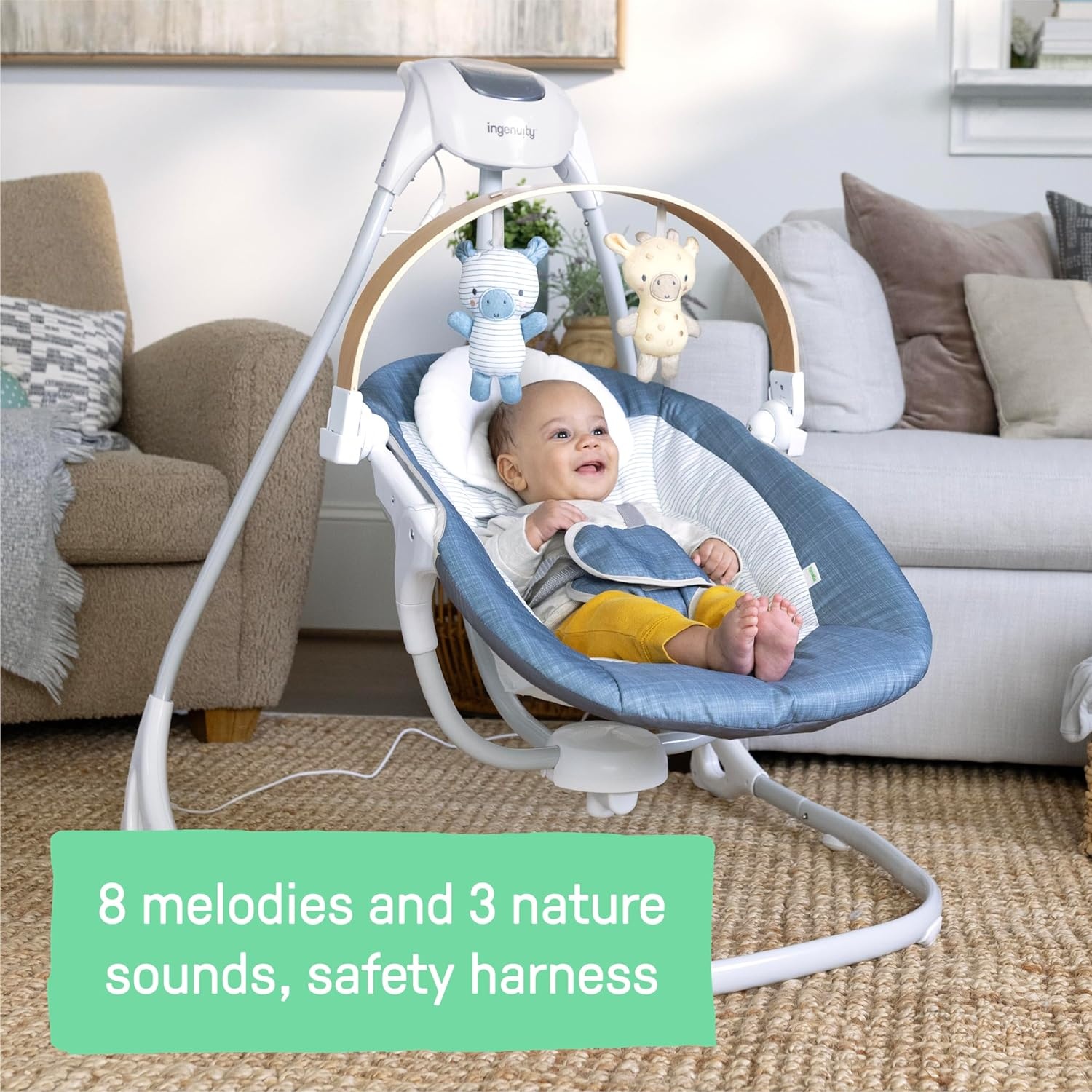 image:imageIngenuity SimpleComfort Compact Baby Swing Rotating Seat Swings in 3 Directions 6 Speeds 8 Melodies amp 3 Nature Sounds Ages 09 Months Up to 20 Pounds PinkChambray