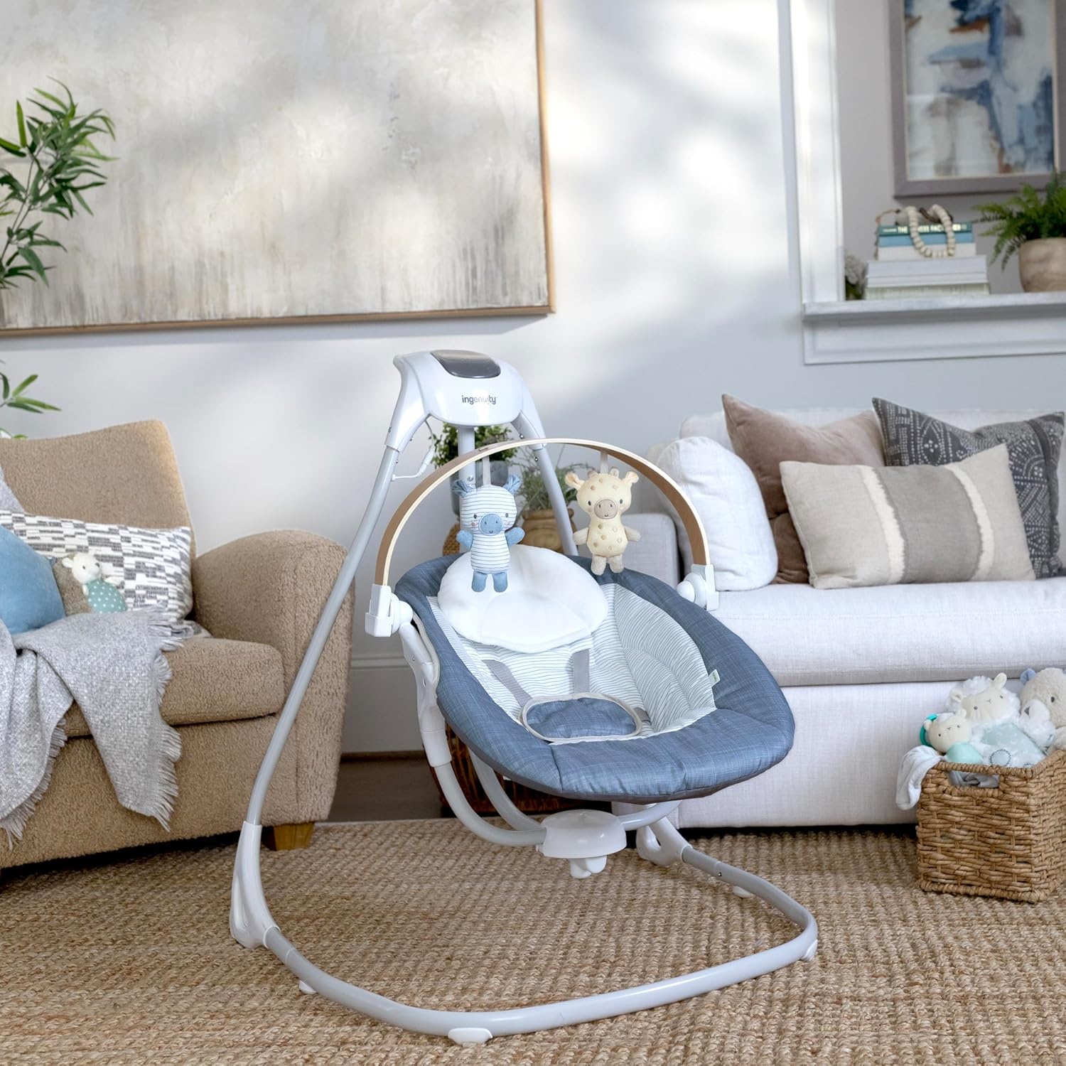 image:imageIngenuity SimpleComfort Compact Baby Swing Rotating Seat Swings in 3 Directions 6 Speeds 8 Melodies amp 3 Nature Sounds Ages 09 Months Up to 20 Pounds PinkChambray